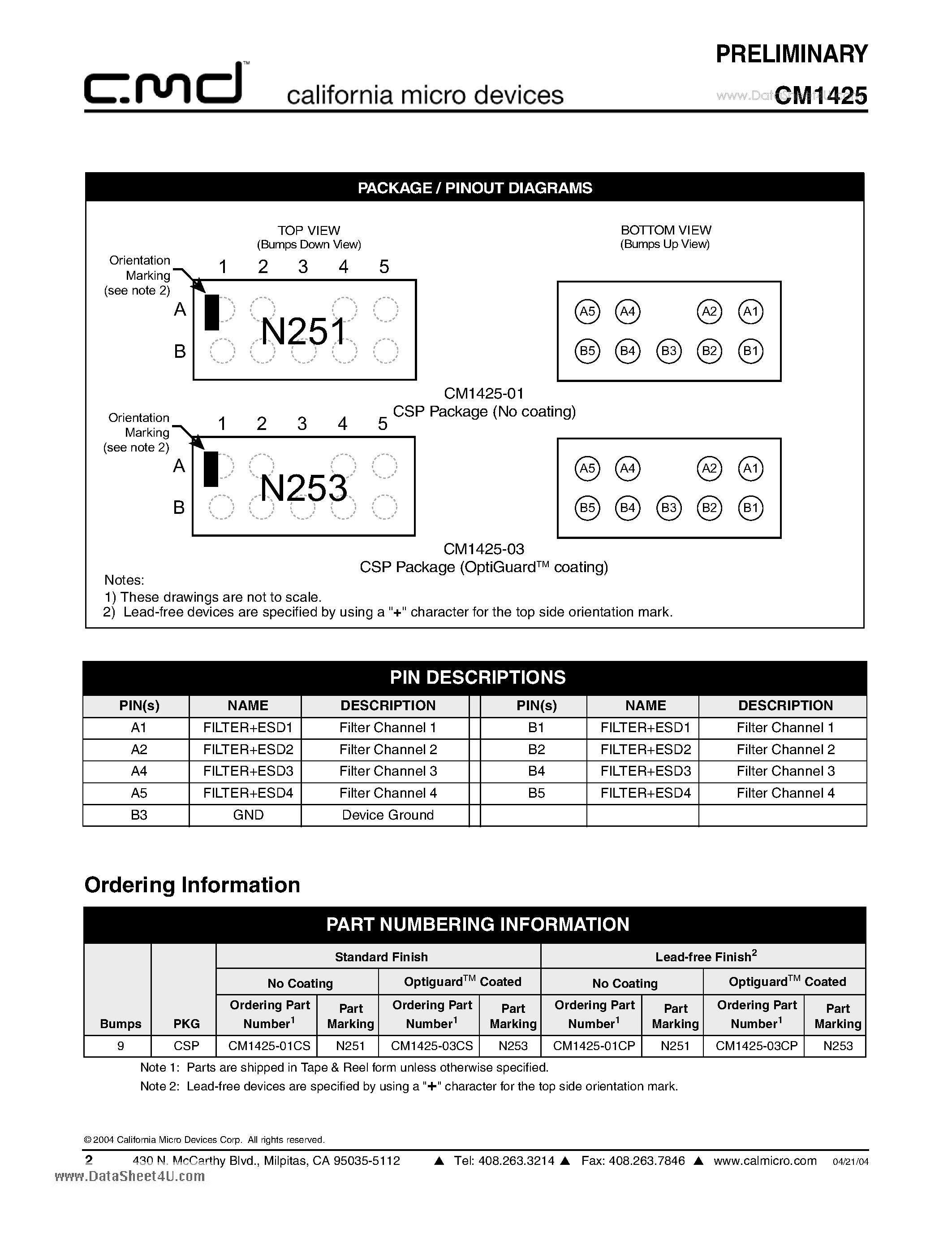 Datasheet CM1425 - 4 Channel EMI Filter Array with ESD Protection page 2