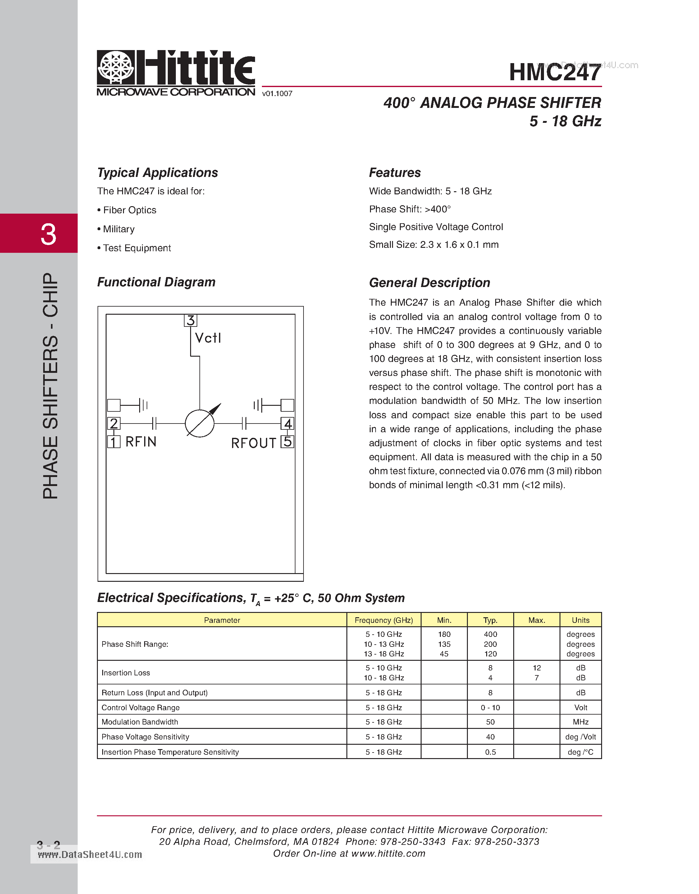 Datasheet HMC247 - 400c ANALOG PHASE SHIFTER 5 - 18 GHz page 1