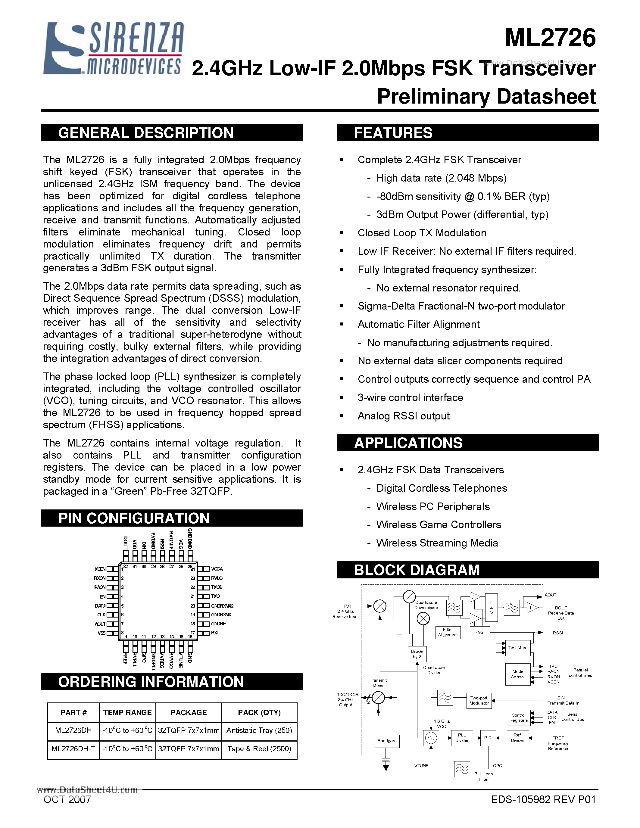 Datasheet ML2726 page 1 Datasheet ML2726 - 2.4GHz Low-IF 2.0Mbps FSK Transceiver page 1
