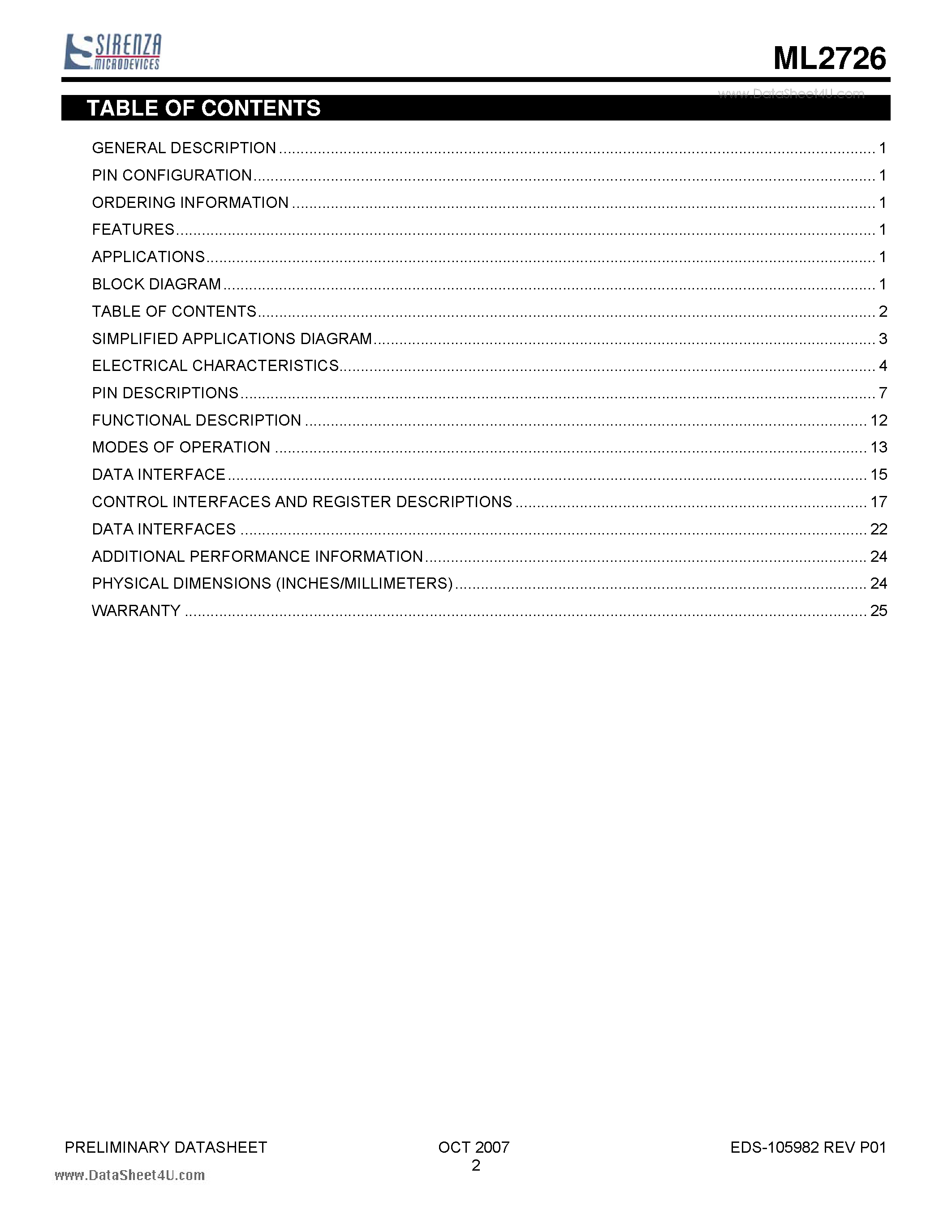 Datasheet ML2726 page 2 Datasheet ML2726 - 2.4GHz Low-IF 2.0Mbps FSK Transceiver page 2