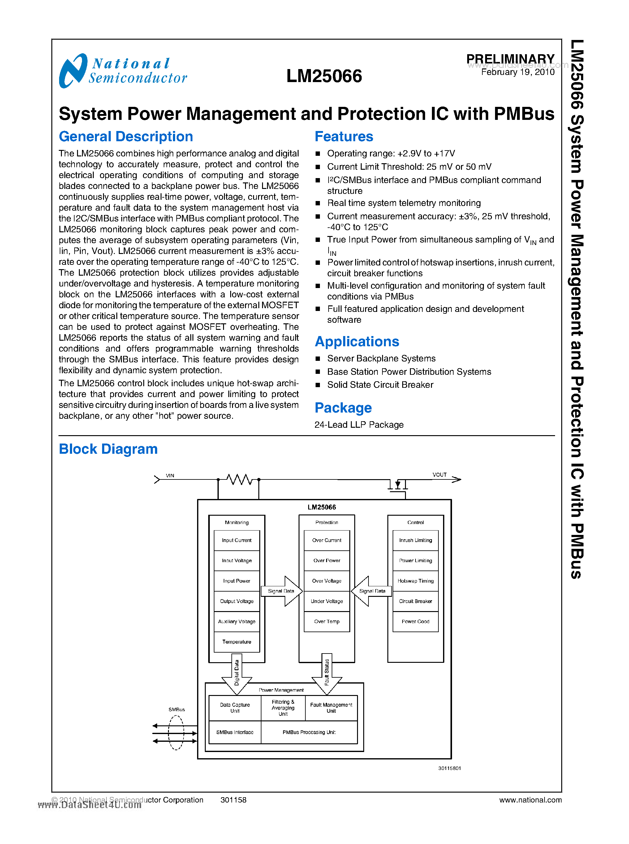 Даташит LM25066 - System Power Management And Protection IC страница 1