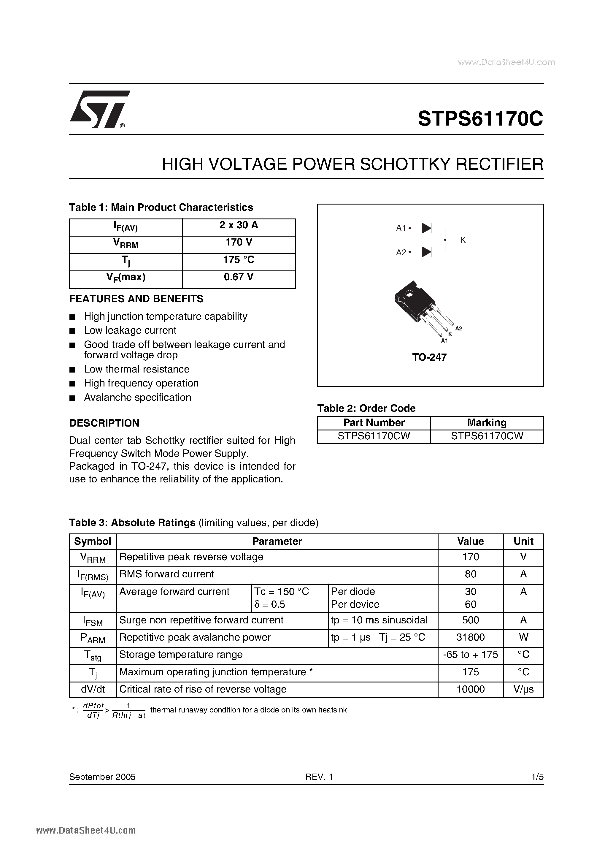 Datasheet STPS61170C - HIGH VOLTAGE POWER SCHOTTKY RECTIFIER page 1