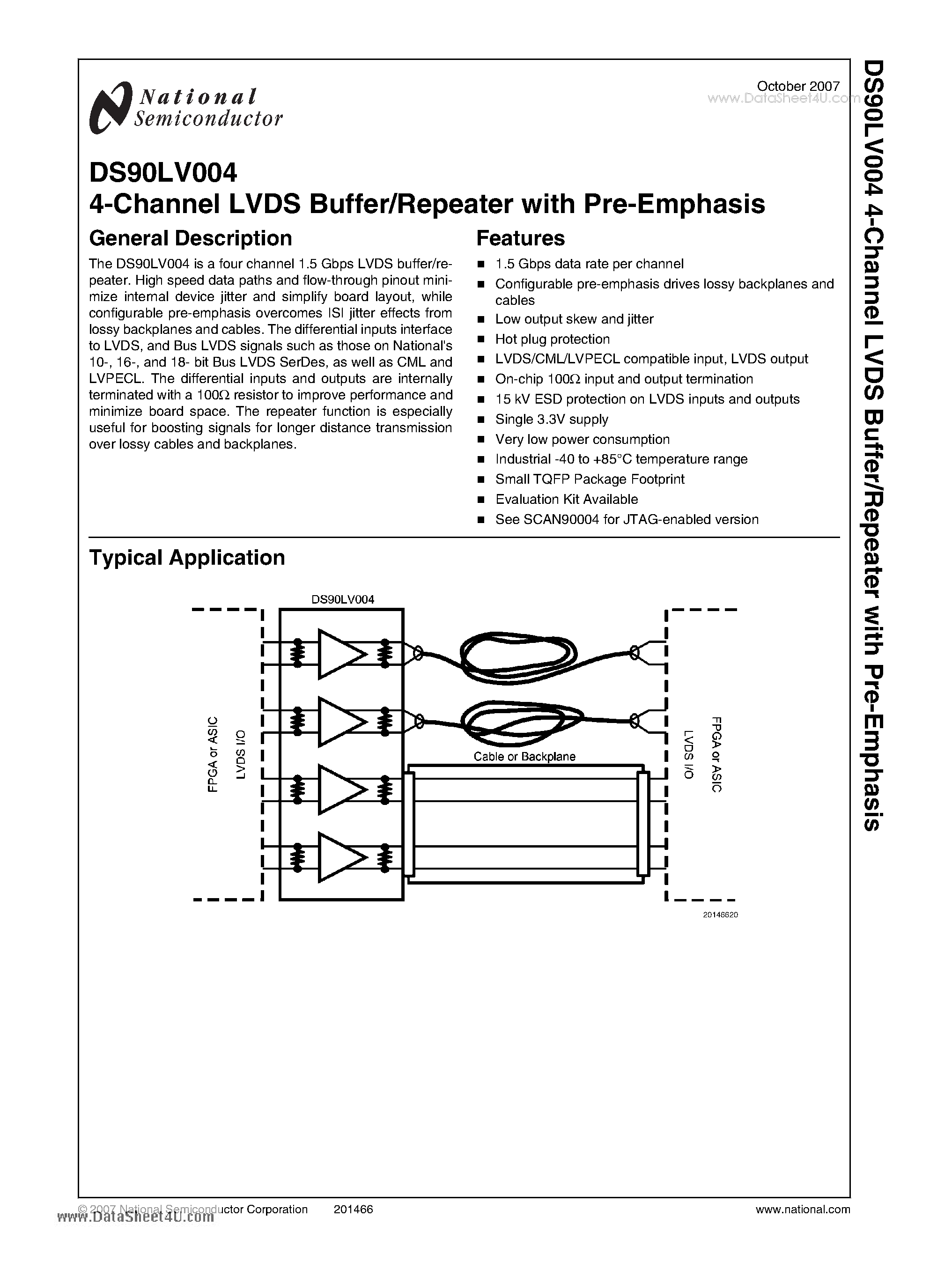 Даташит на микросхему DS90LV004 страница 1 Даташит DS90LV004 - 4-Channel LVDS Buffer/Repeater страница 1