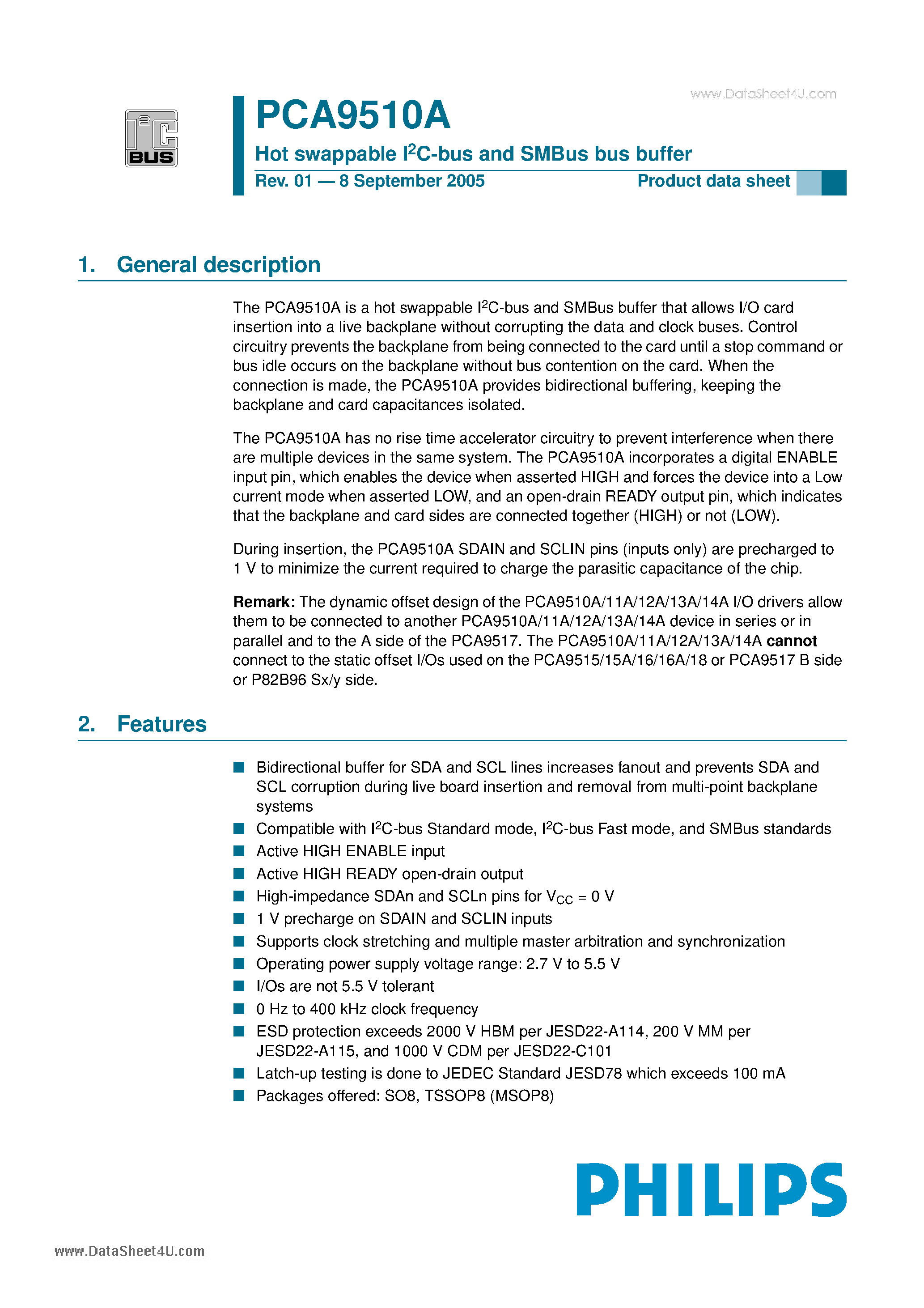 Datasheet PCA9510A page 1 Datasheet PCA9510A - Hot swappable I2C-bus and SMBus bus buffer page 1