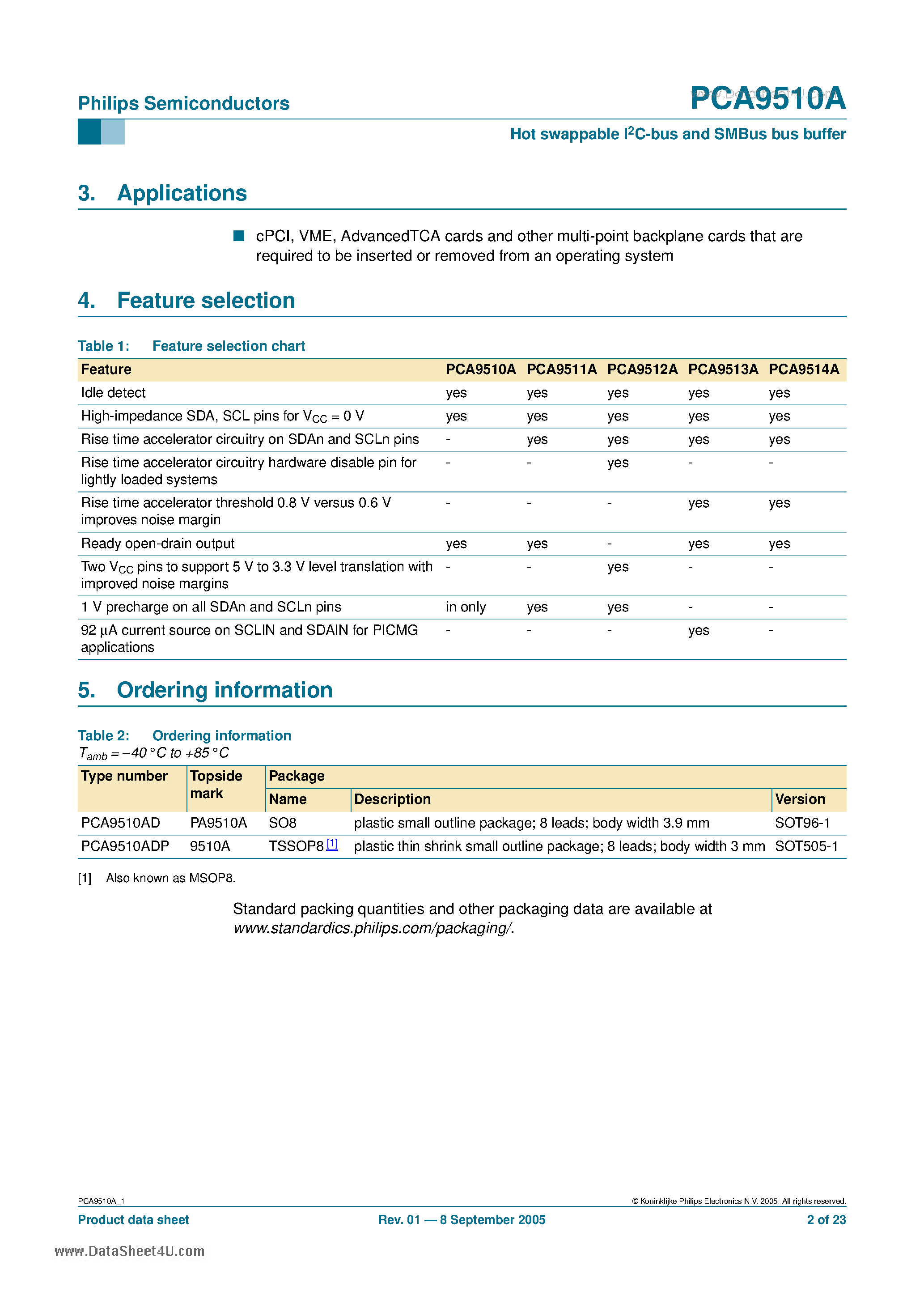 Datasheet PCA9510A page 2 Datasheet PCA9510A - Hot swappable I2C-bus and SMBus bus buffer page 2