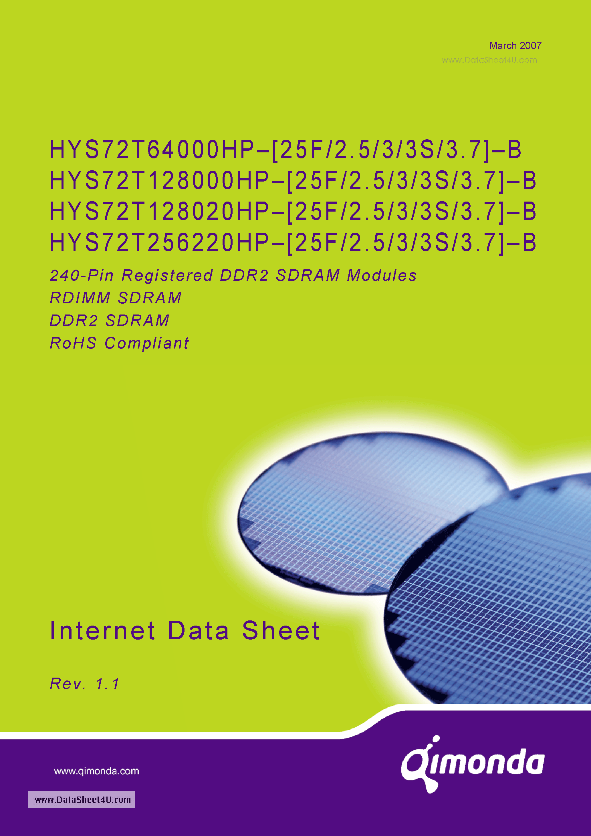Datasheet HYS72T128000HP2.5-B - 240-Pin Registered DDR2 SDRAM Modules page 1