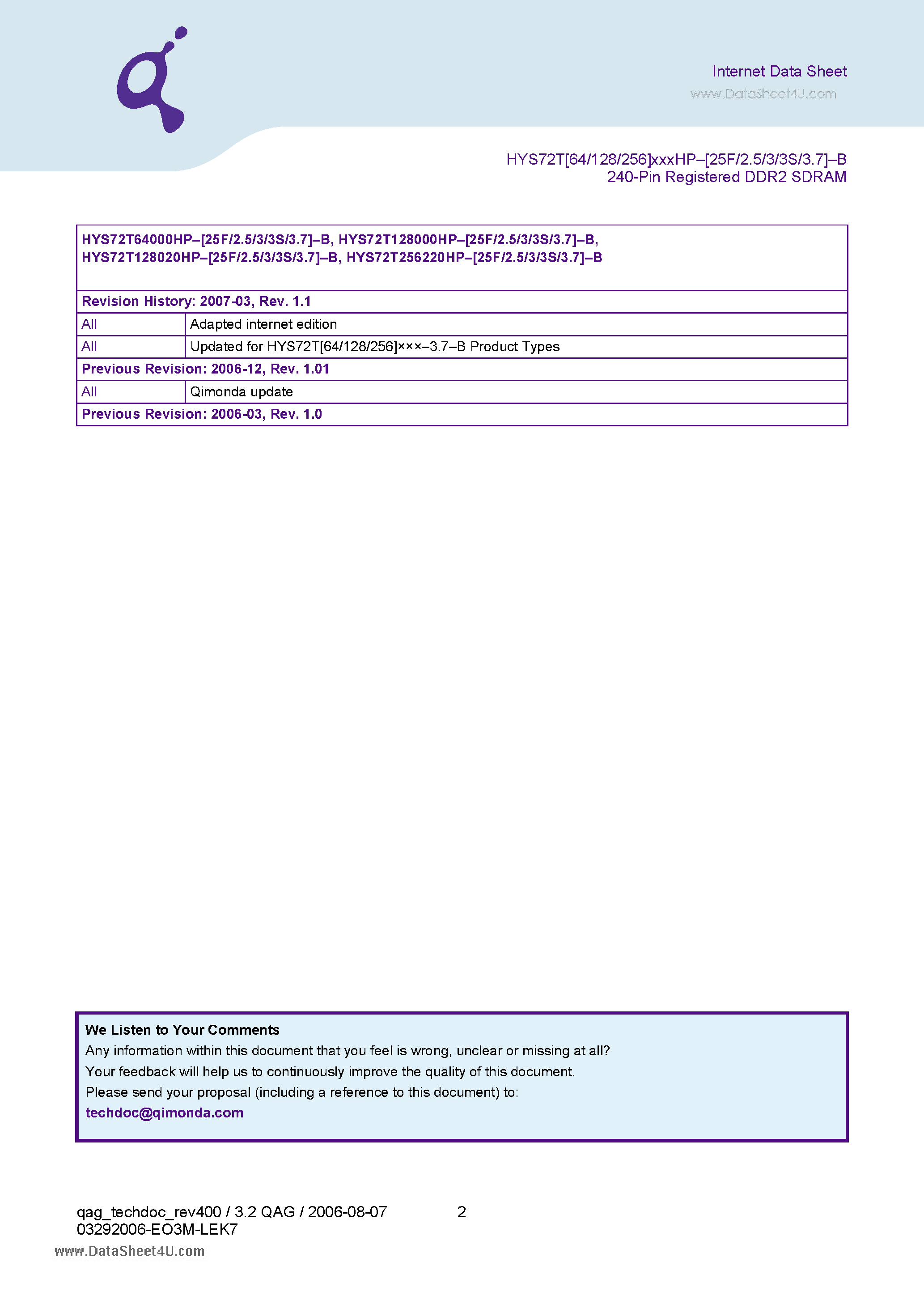 Datasheet HYS72T128000HP2.5-B - 240-Pin Registered DDR2 SDRAM Modules page 2