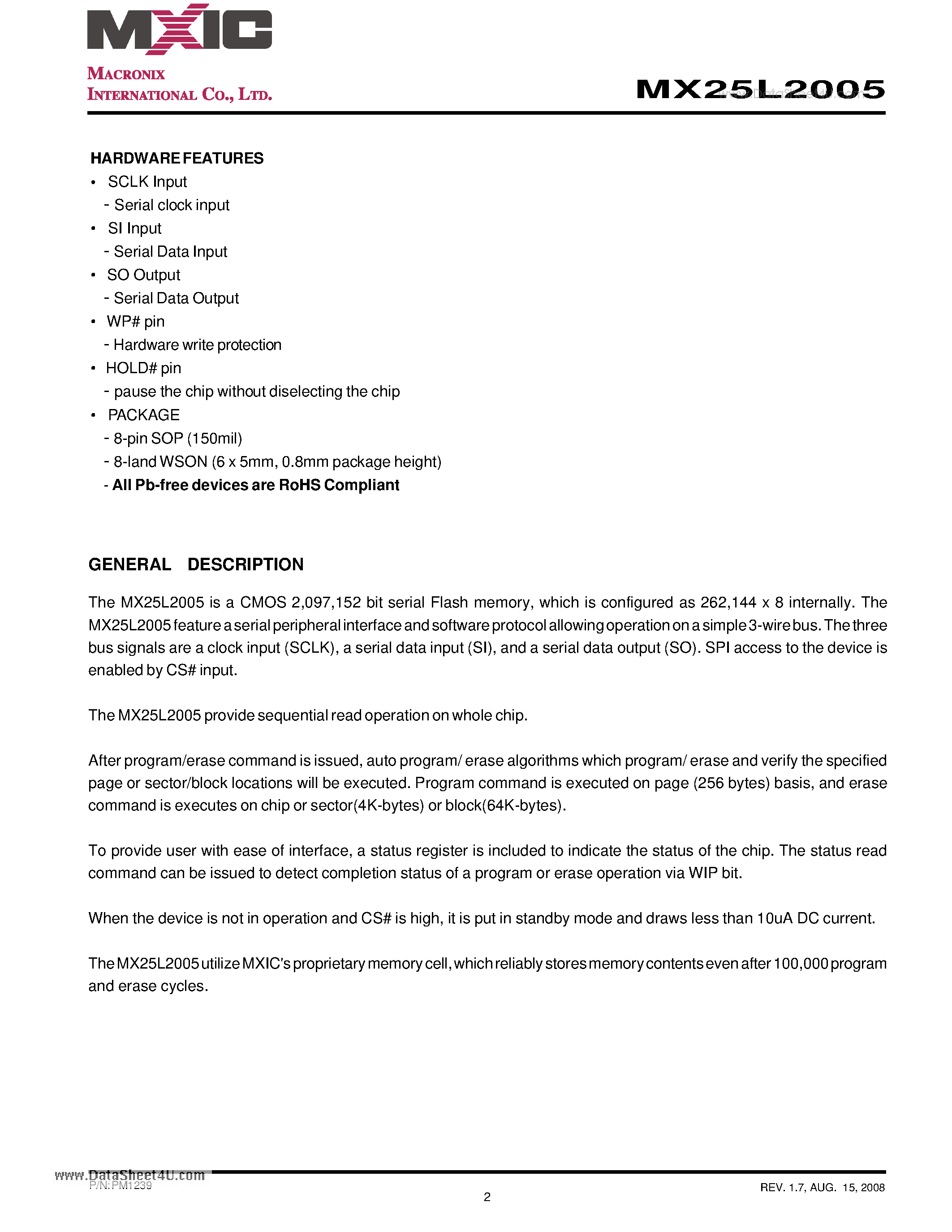 Datasheet MX25L2005 - 2M-BIT [x 1] CMOS SERIAL FLASH page 2