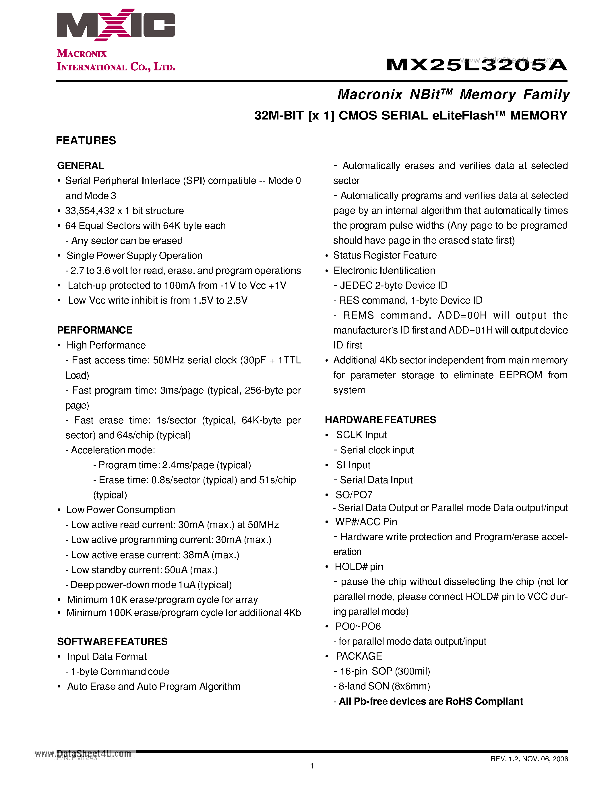 Datasheet MX25L3205A - 32M-BIT [x 1] CMOS SERIAL eLiteFlash MEMORY page 1