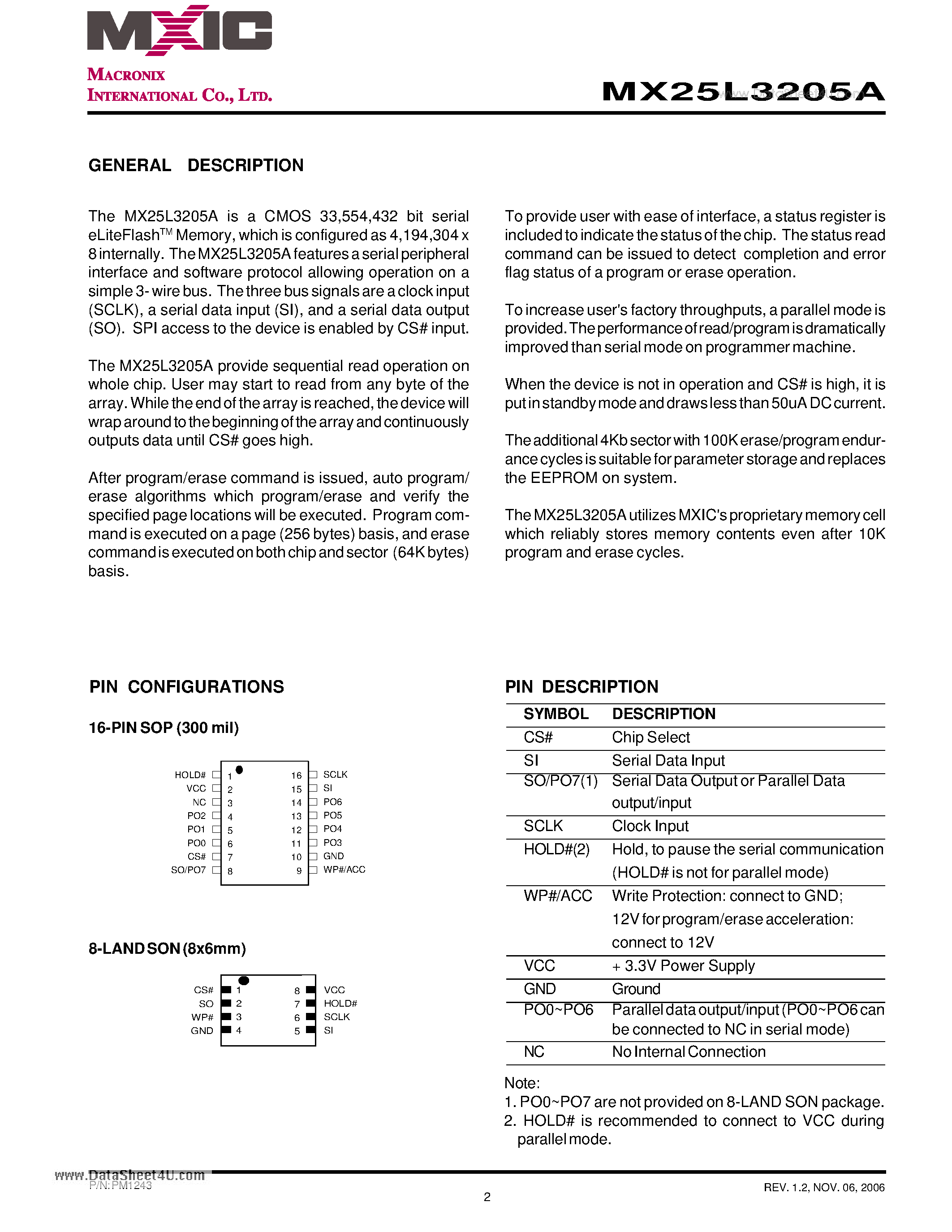 Datasheet MX25L3205A - 32M-BIT [x 1] CMOS SERIAL eLiteFlash MEMORY page 2