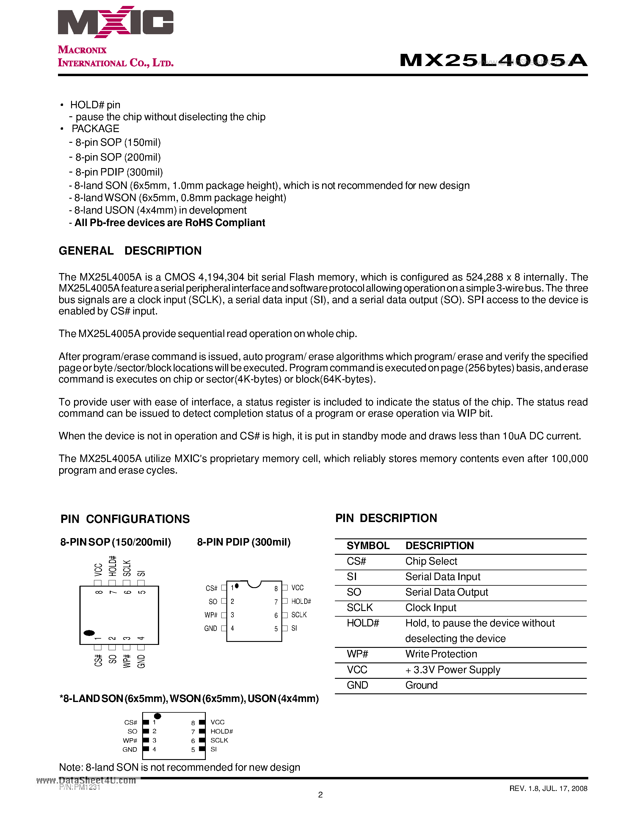 Даташит MX25L4005A - 4M-BIT [x 1] CMOS SERIAL FLASH страница 2