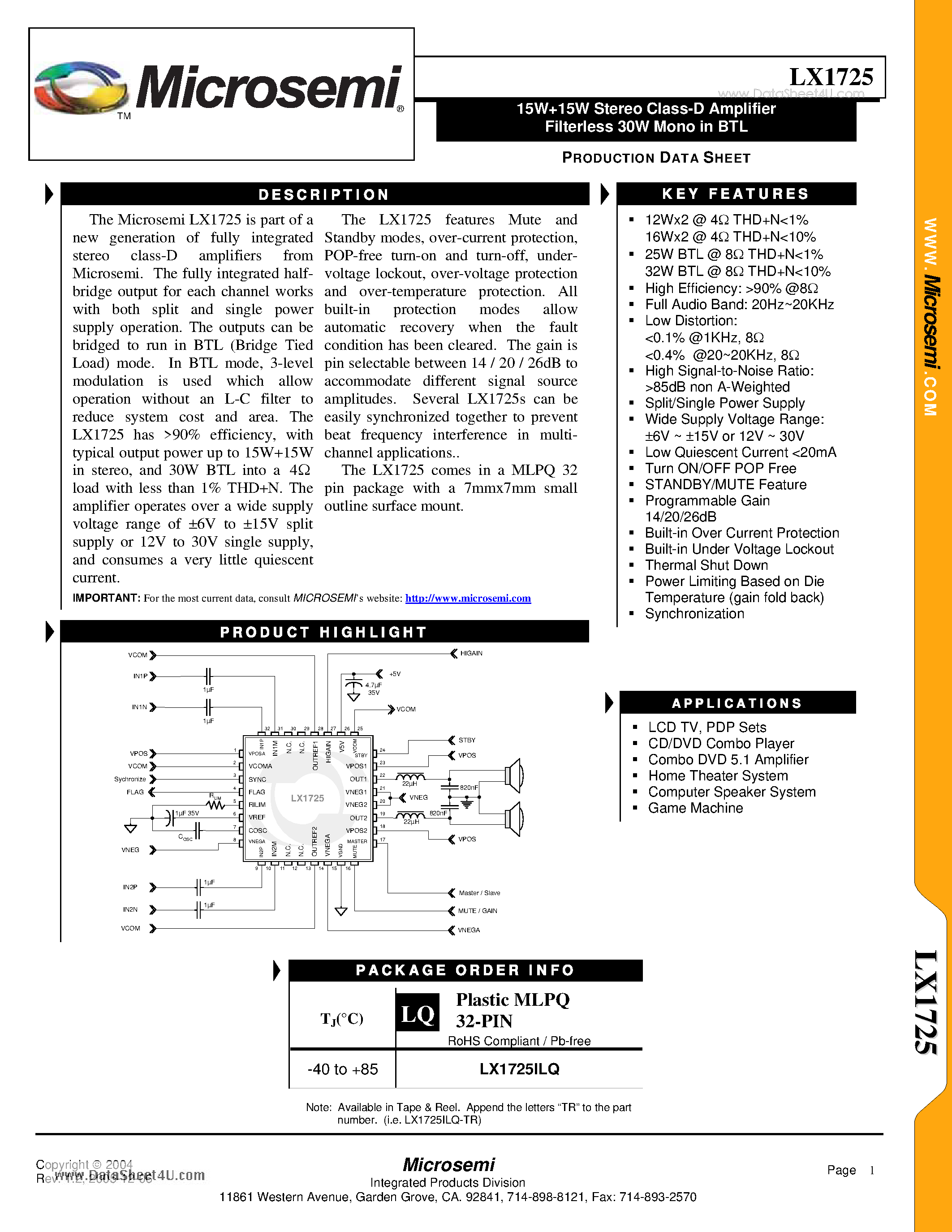 Даташит на микросхему LX1725 страница 1 Даташит LX1725 - 15W+15W Stereo Class-D Amplifier Filterless 30W Mono страница 1