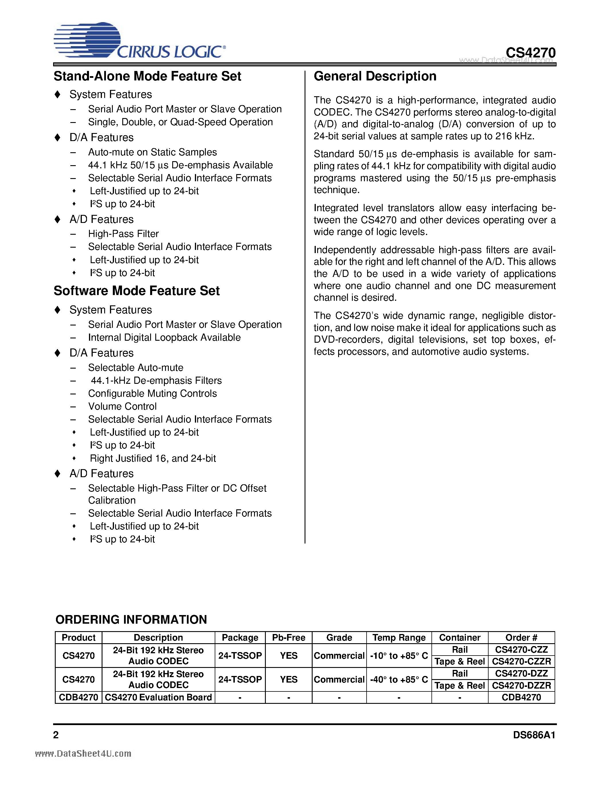 Даташит CS4270 - 192 kHz Stereo Audio CODEC страница 2