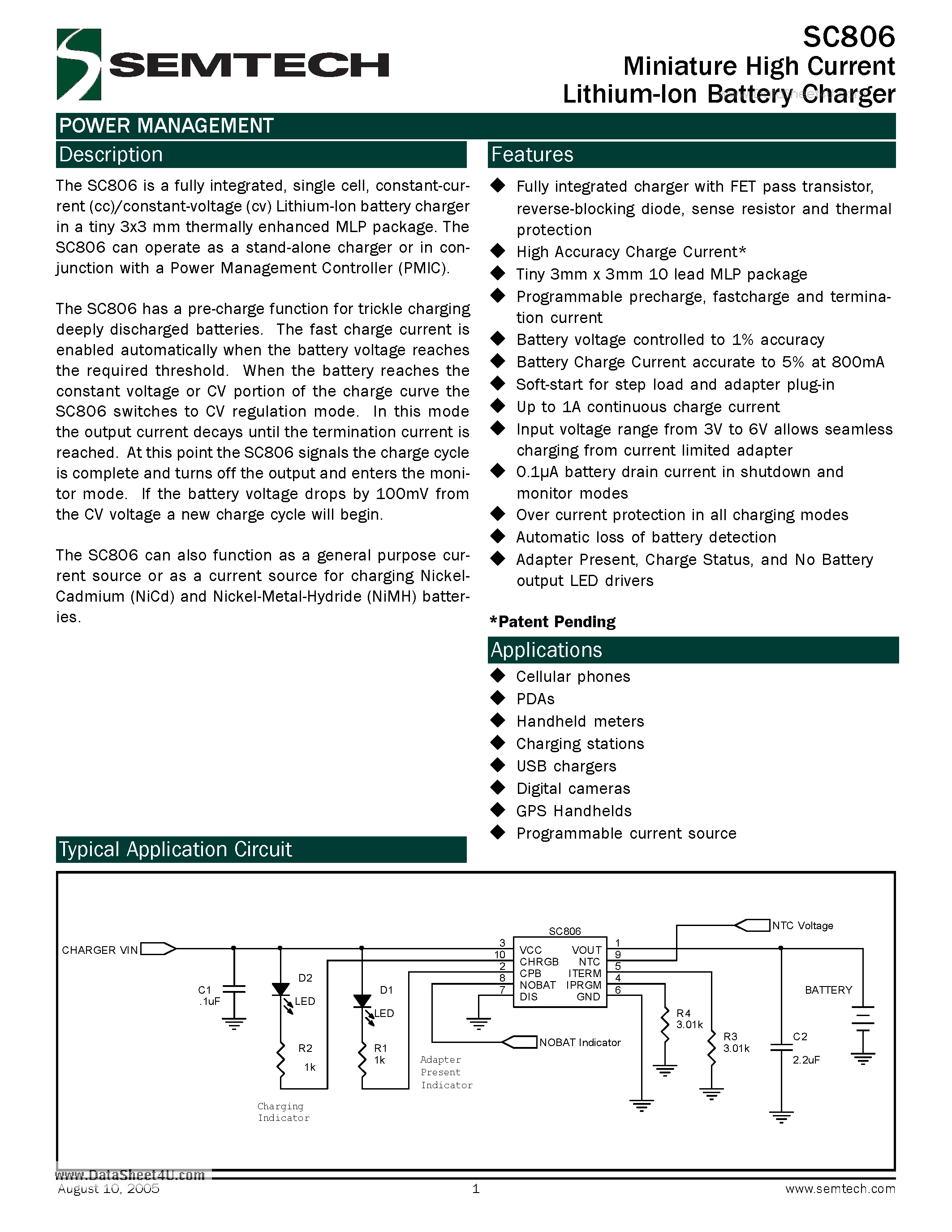 Datasheet SC806 - Miniature High Current Lithium-Ion Battery Charger page 1