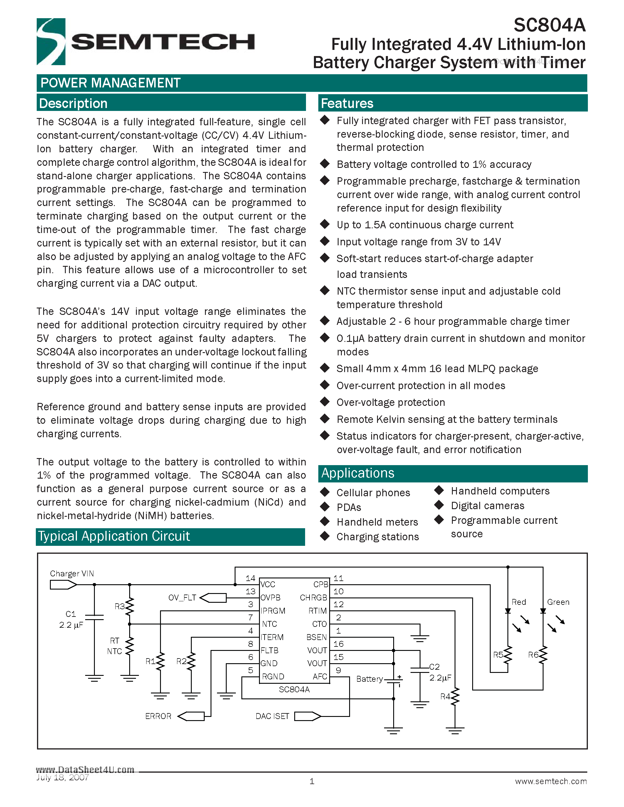 Datasheet SC804A - Fully Integrated 4.4V Lithium-Ion Battery Charger System page 1