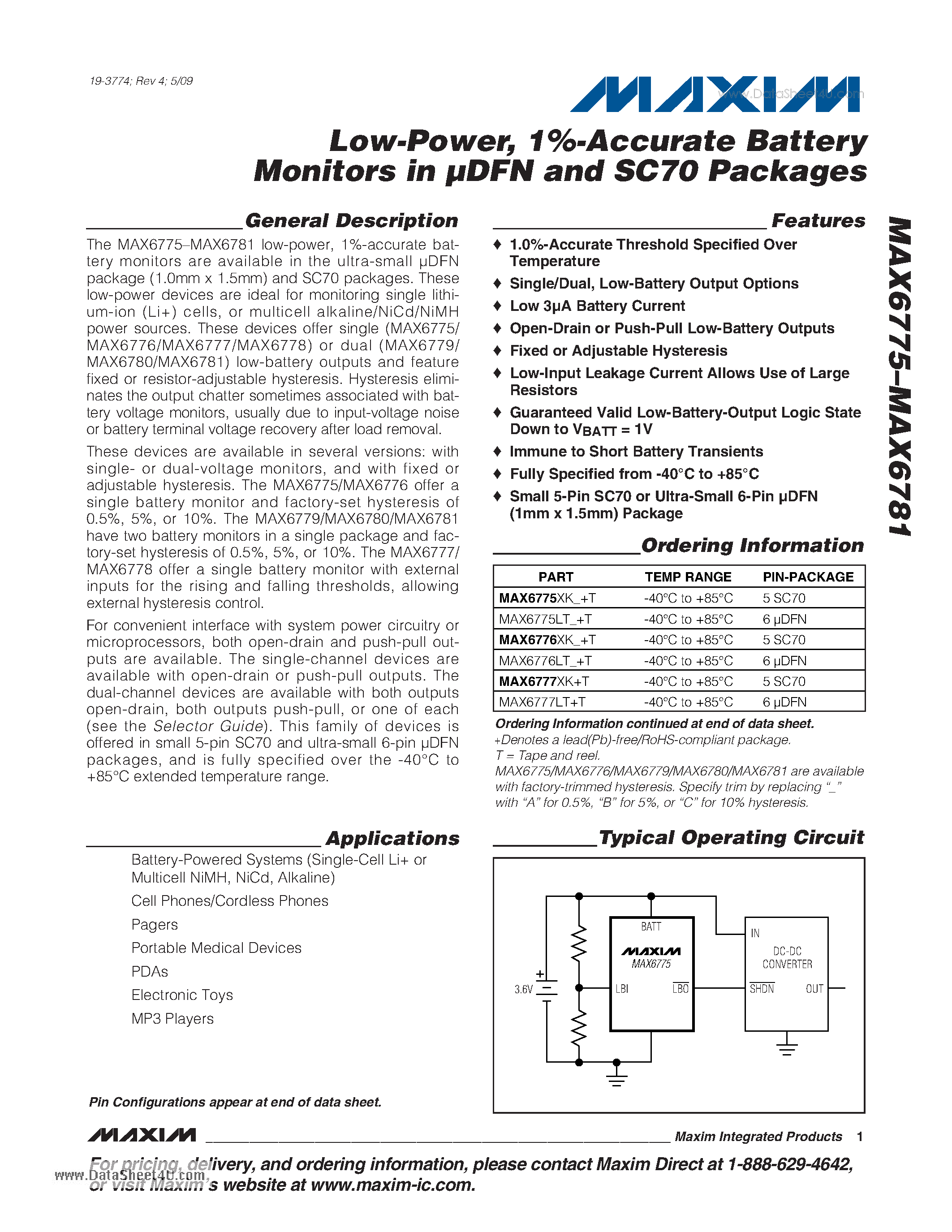 Datasheet MAX6775 - 1%-Accurate Battery Monitors page 1