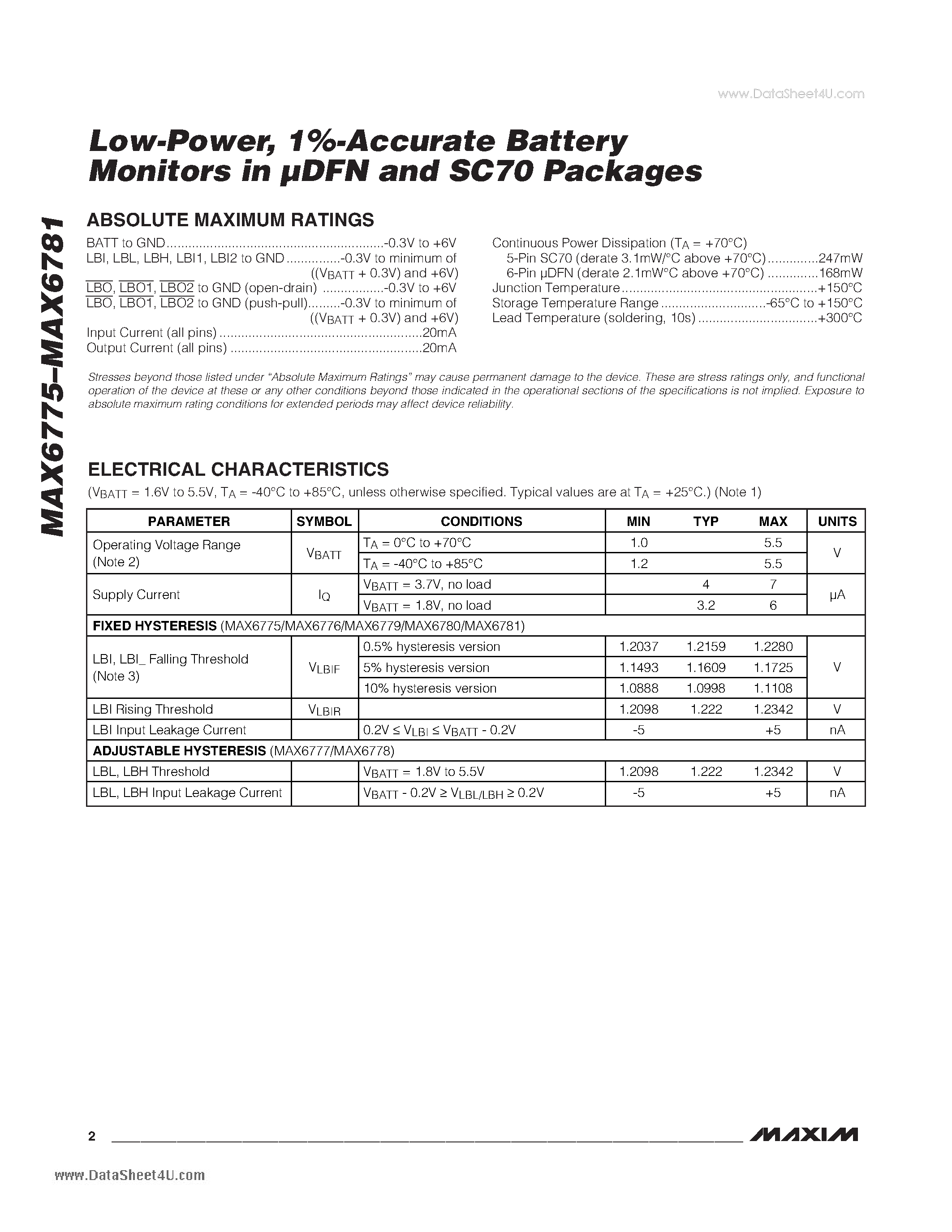 Datasheet MAX6775 - 1%-Accurate Battery Monitors page 2