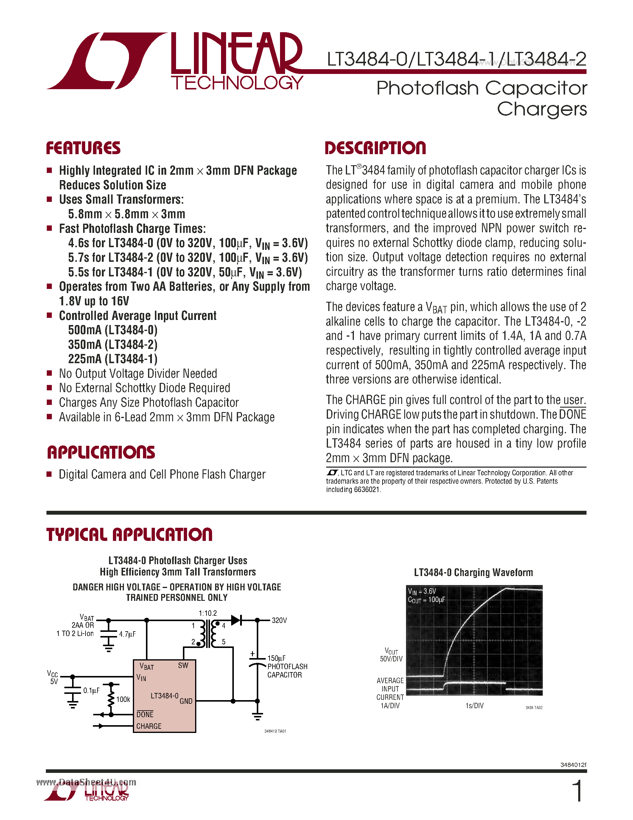 Даташит LT3484-0 - Photoflash Capacitor Chargers страница 1