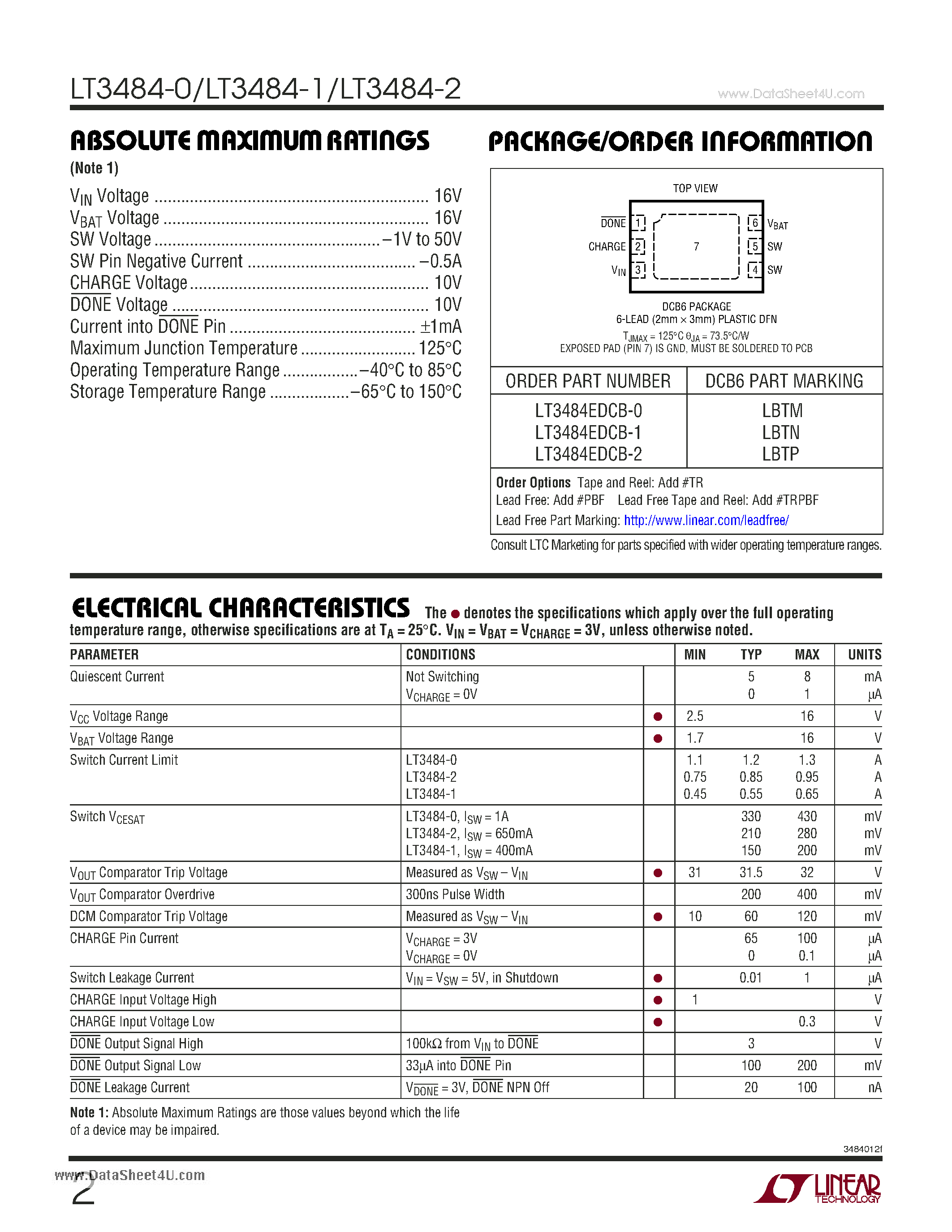 Даташит LT3484-0 - Photoflash Capacitor Chargers страница 2