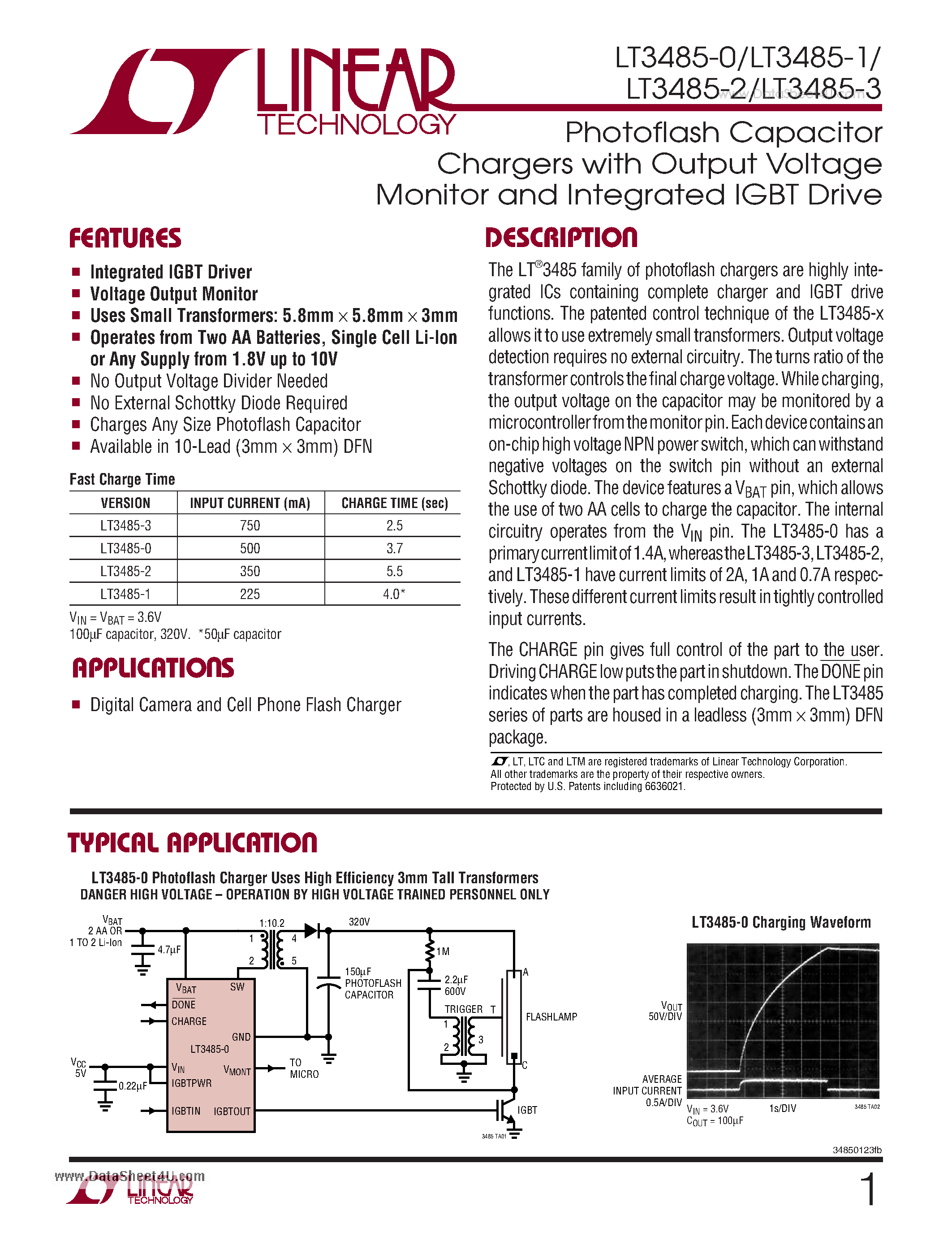 Datasheet LT3485-0 - Photoflash Capacitor Chargers page 1