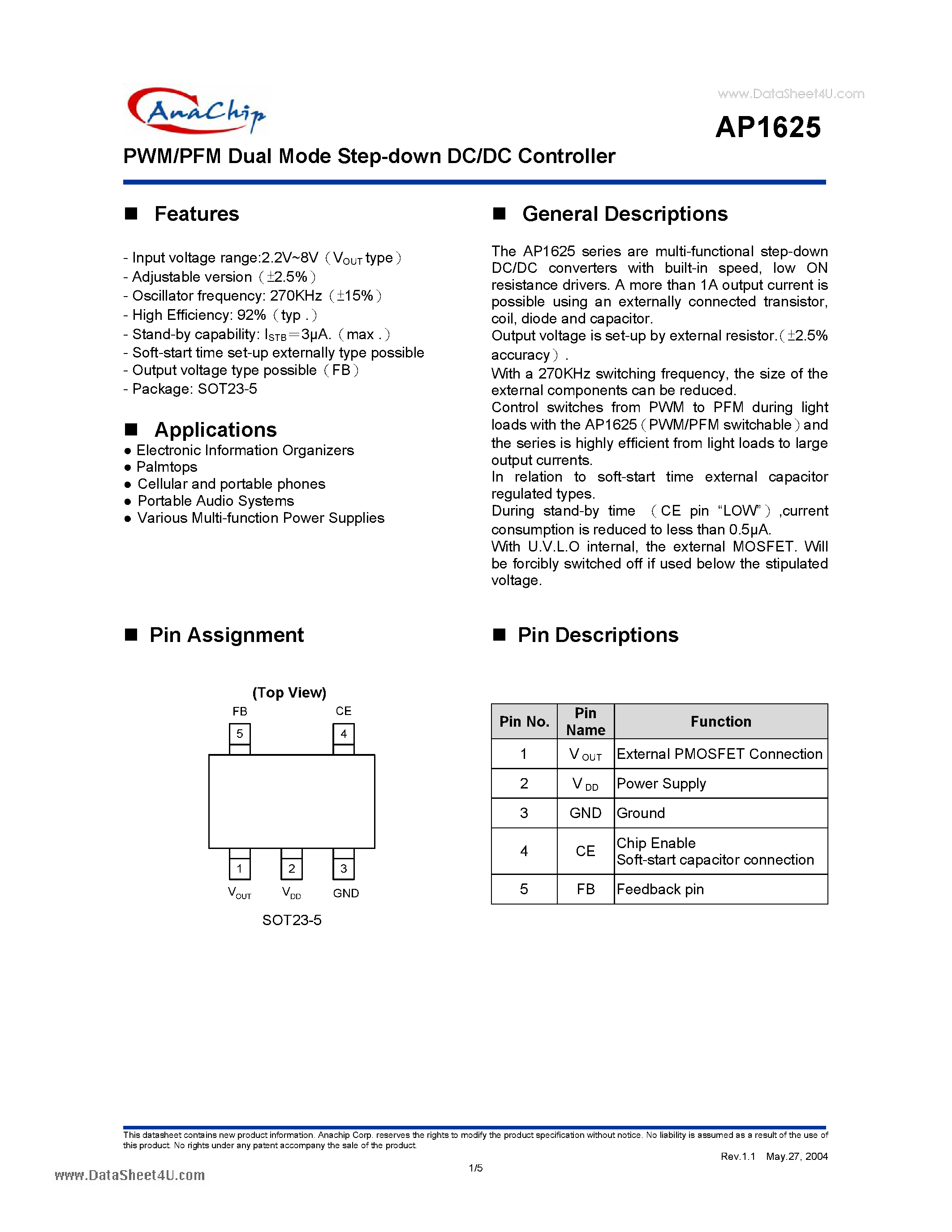 Даташит на микросхему AP1625 страница 1 Даташит AP1625 - PWM/PFM Dual Mode Step-down DC/DC Controller страница 1