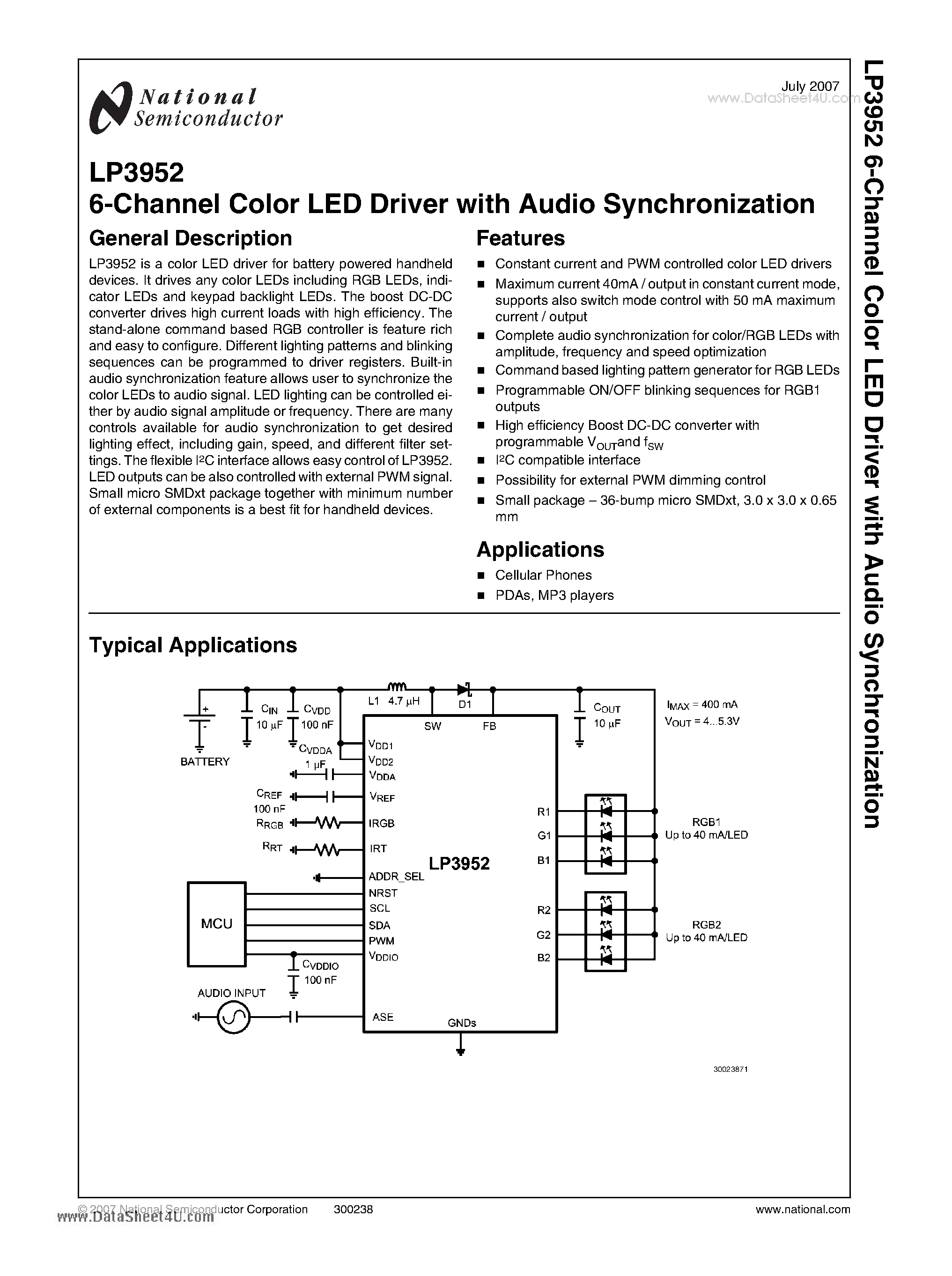 Datasheet LP3952 page 1 Datasheet LP3952 - 6-Channel Color LED Driver page 1