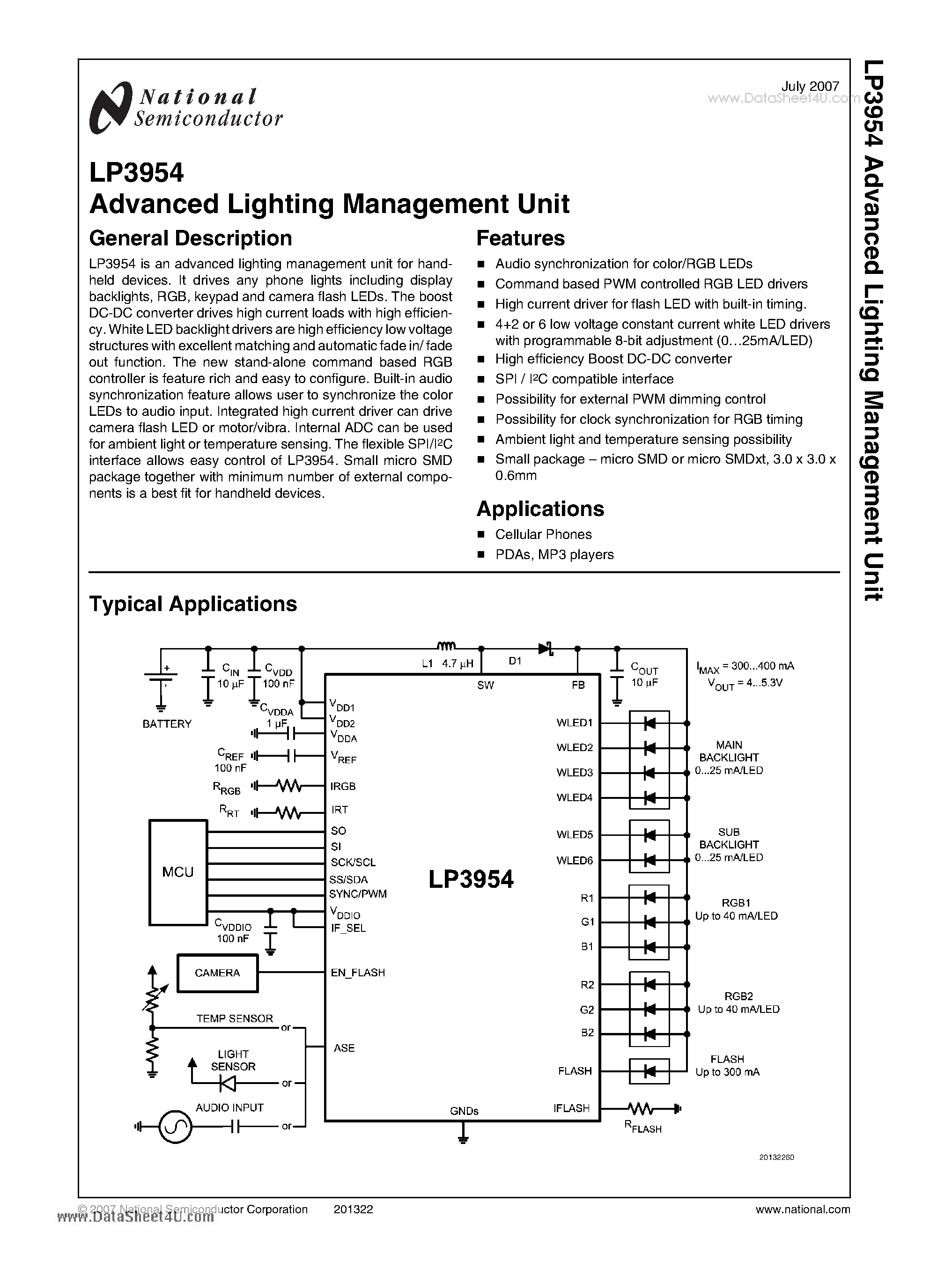 Datasheet LP3954 page 1 Datasheet LP3954 - Advanced Lighting Management Unit page 1