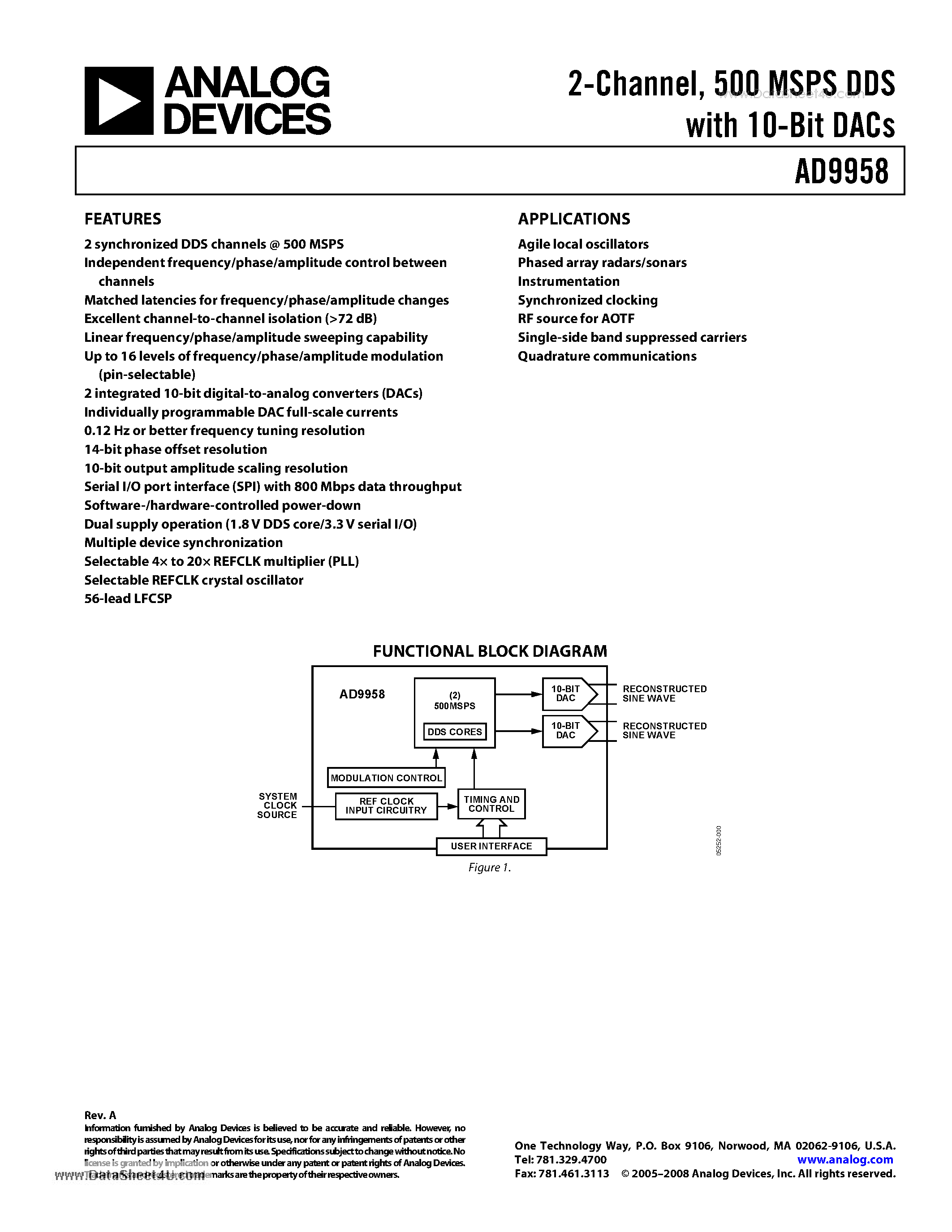 Datasheet AD9958 page 1 Datasheet AD9958 - 500 MSPS DDS page 1