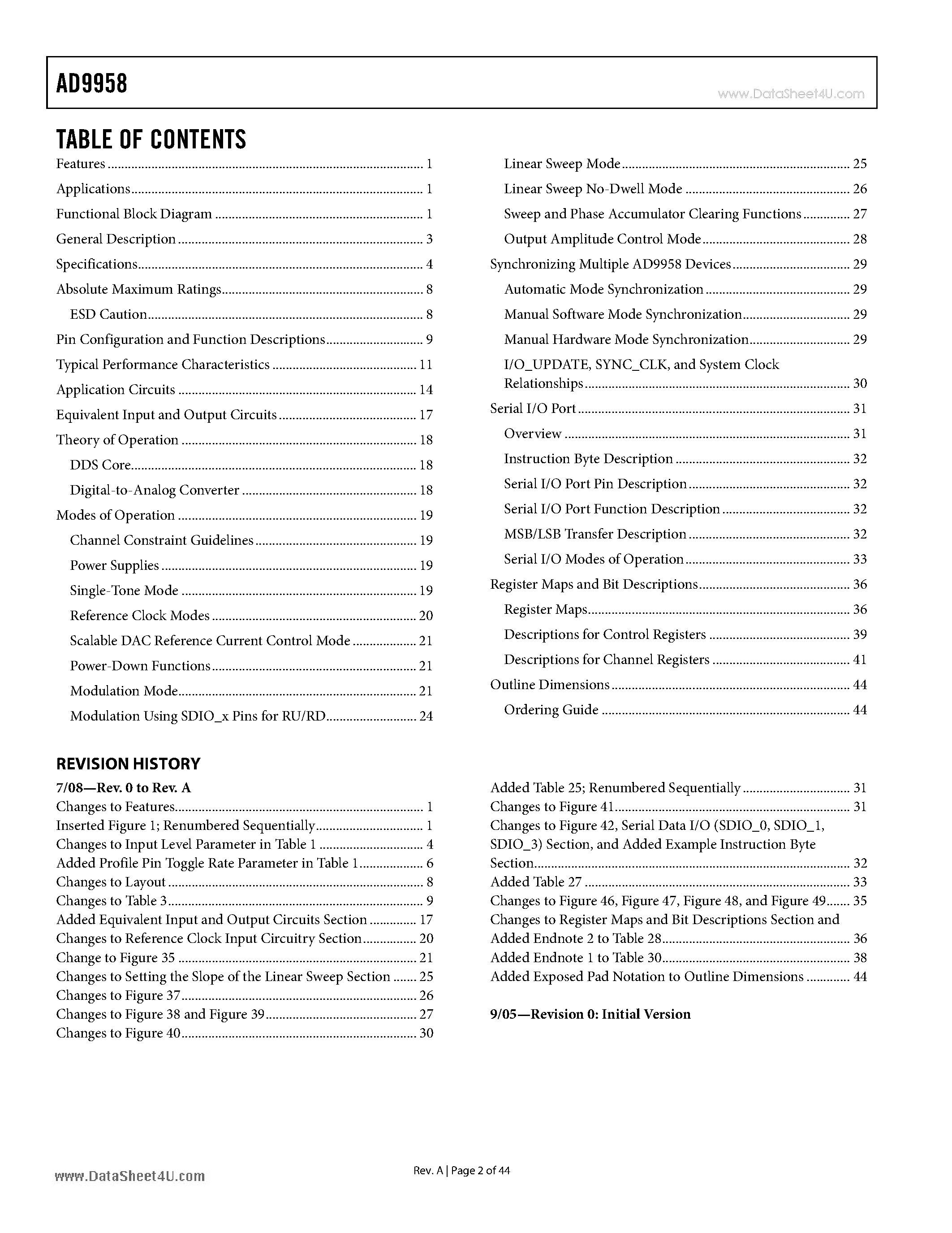Datasheet AD9958 page 2 Datasheet AD9958 - 500 MSPS DDS page 2