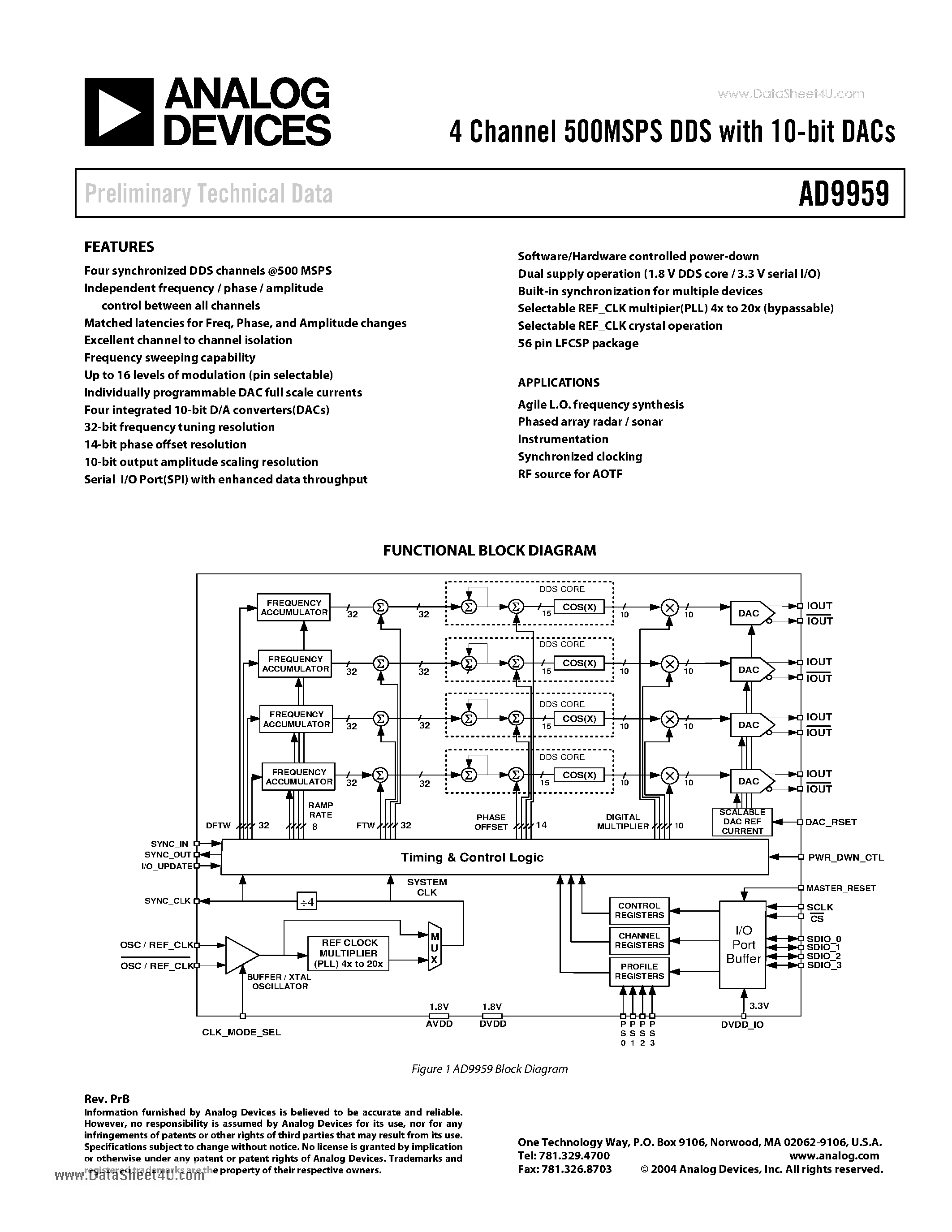 Datasheet AD9959 - 4 Channel 500MSPS DDS page 1