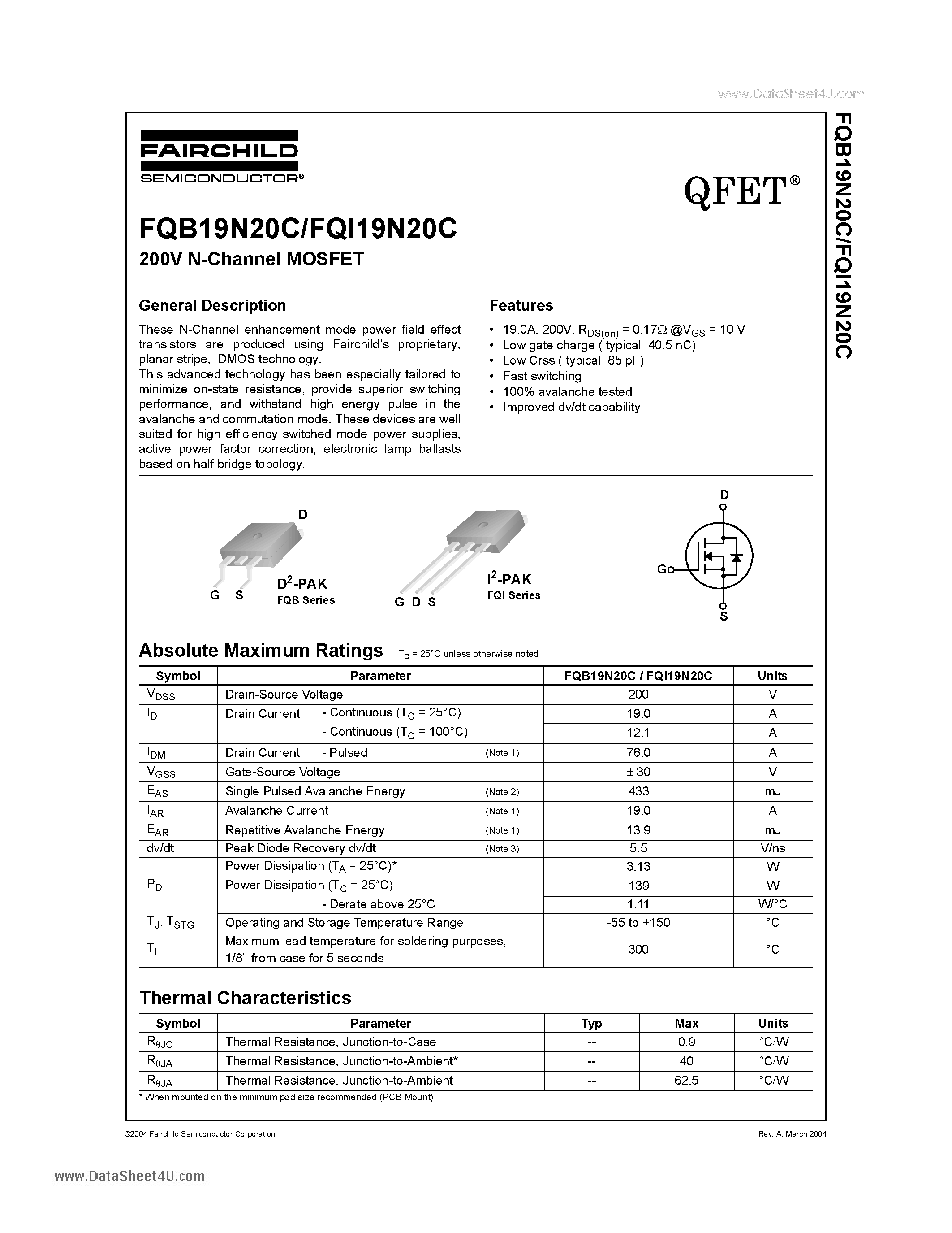 Datasheet FQB19N20C - 200V N-Channel MOSFET page 1