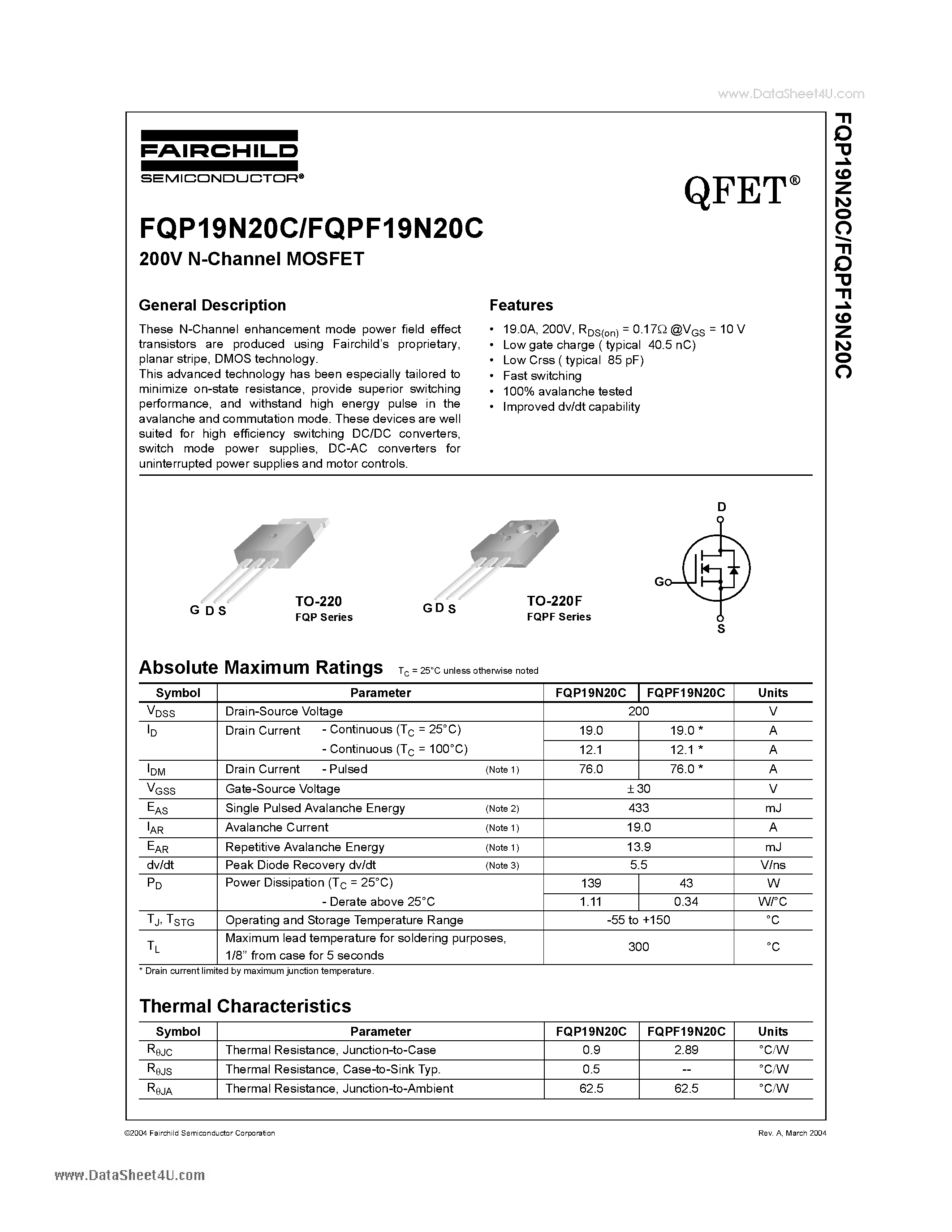 Datasheet FQP19N20C - 200V N-Channel MOSFET page 1