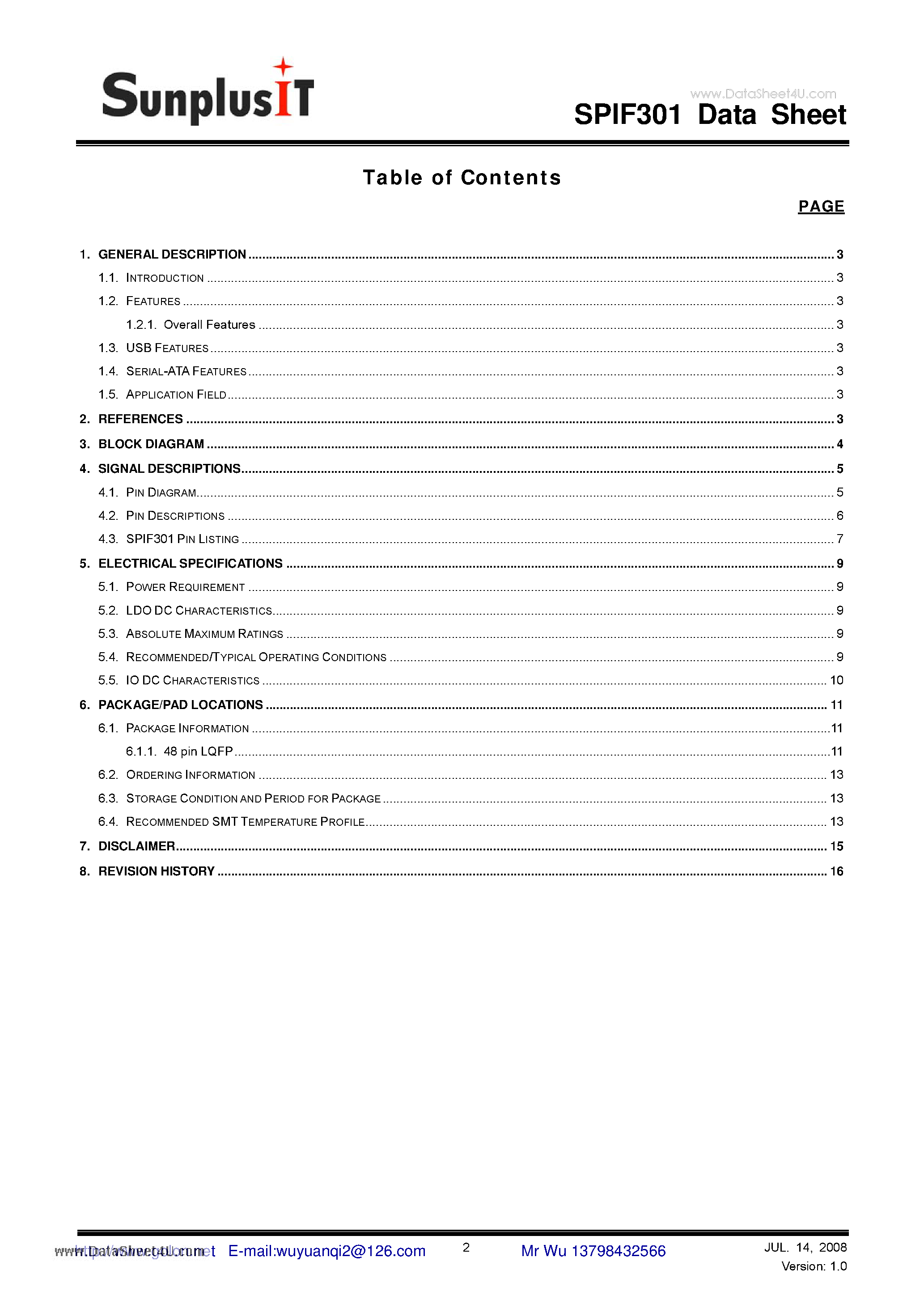 Даташит на микросхему SPIF301 страница 2 Даташит SPIF301 - USB to Serial-ATA Controller страница 2