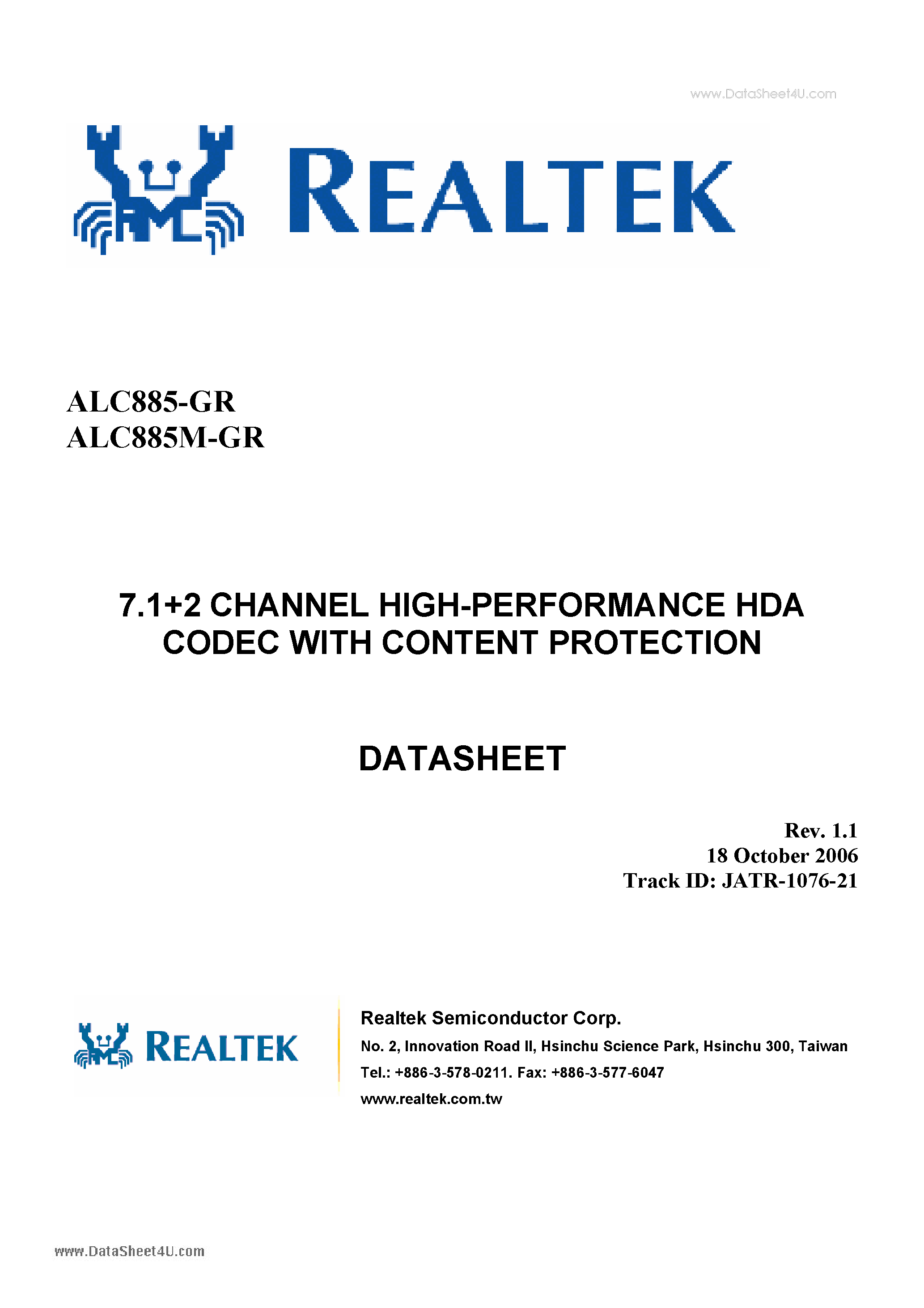 Datasheet ALC885-GR - 7.1 + 2 Channel High Performance HDA Codec page 1