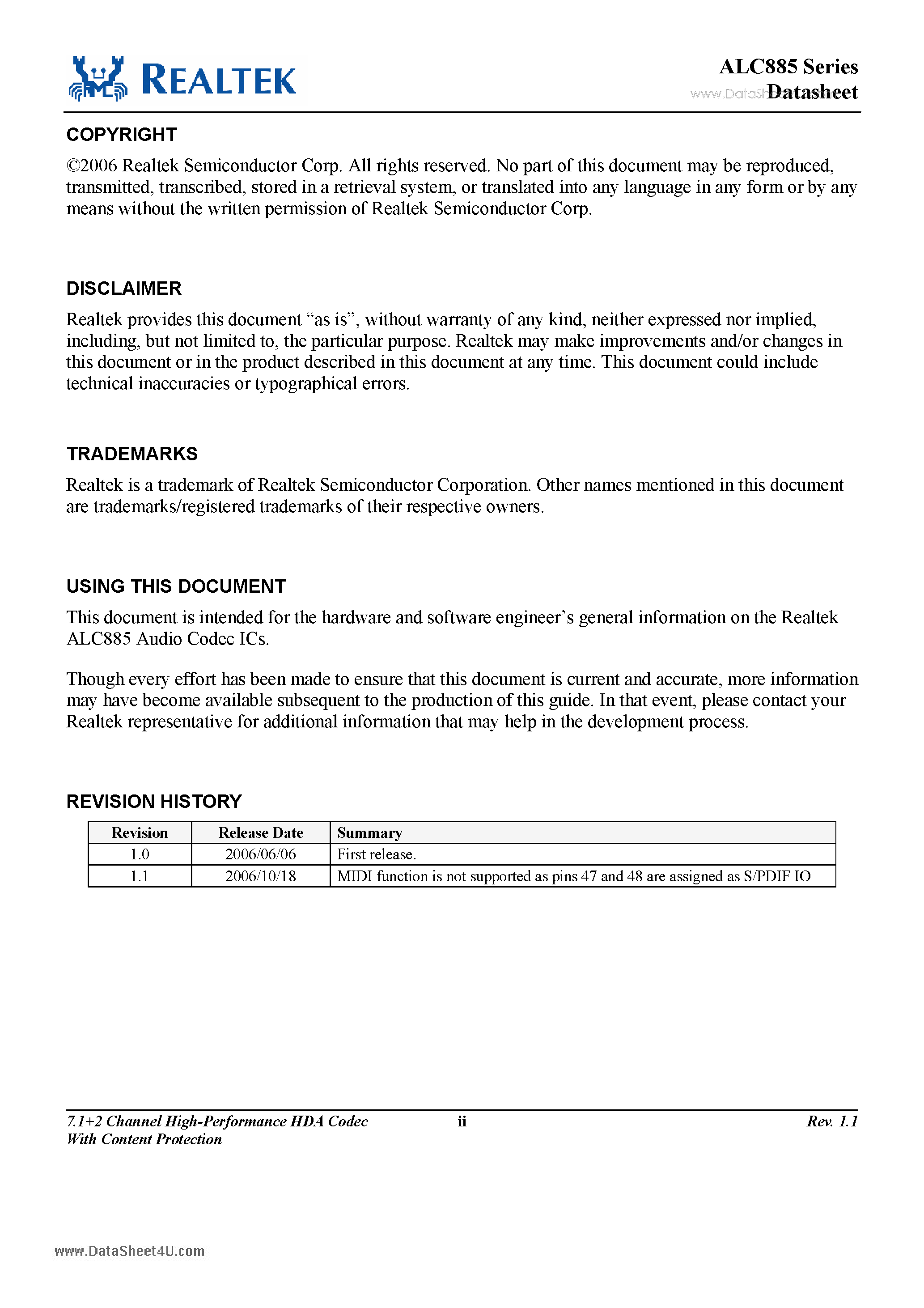 Datasheet ALC885-GR - 7.1 + 2 Channel High Performance HDA Codec page 2