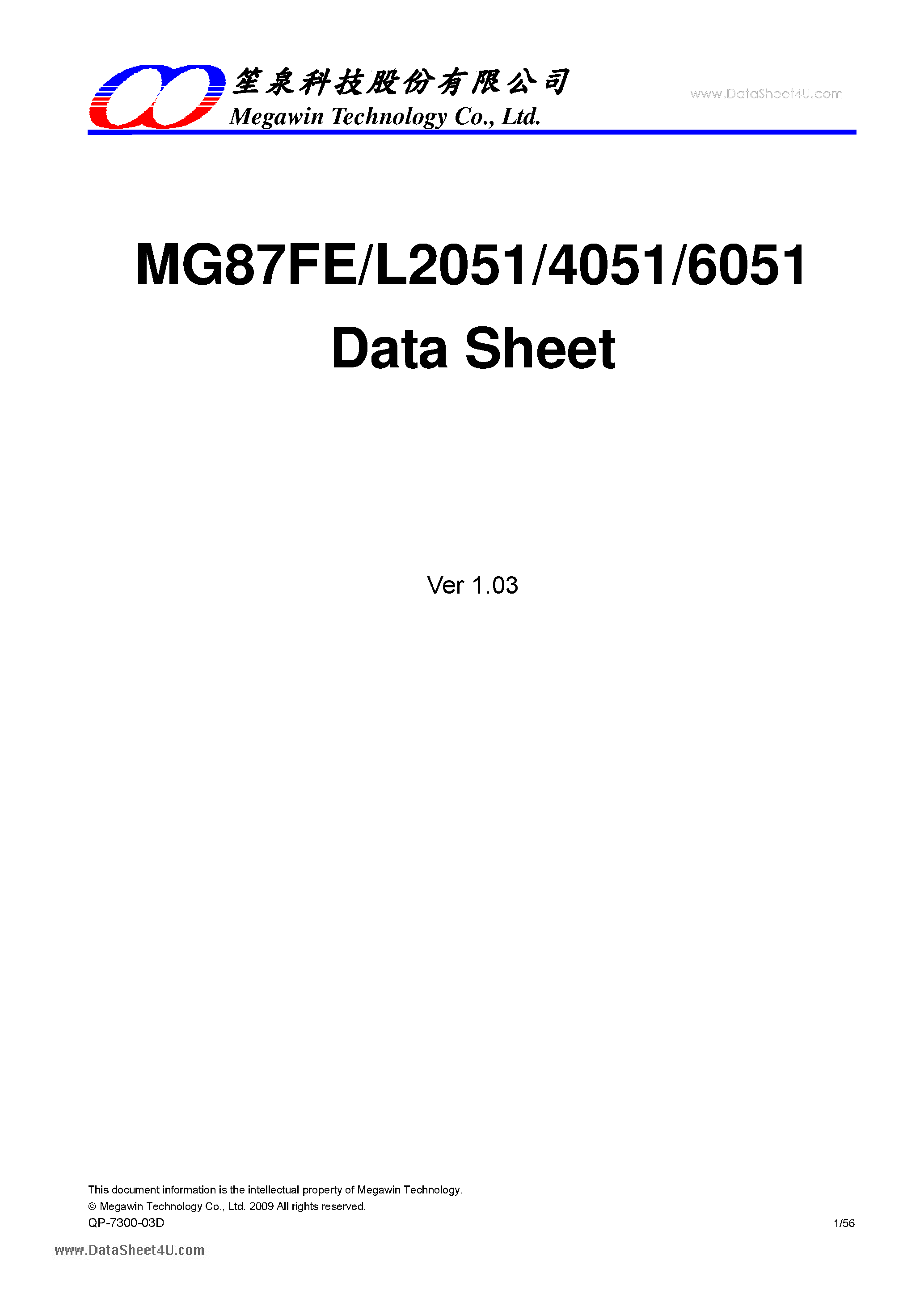 Datasheet MG87FE2051 page 1 Datasheet MG87FE2051 - (MG87FExx51) 8-bits microcontroll page 1