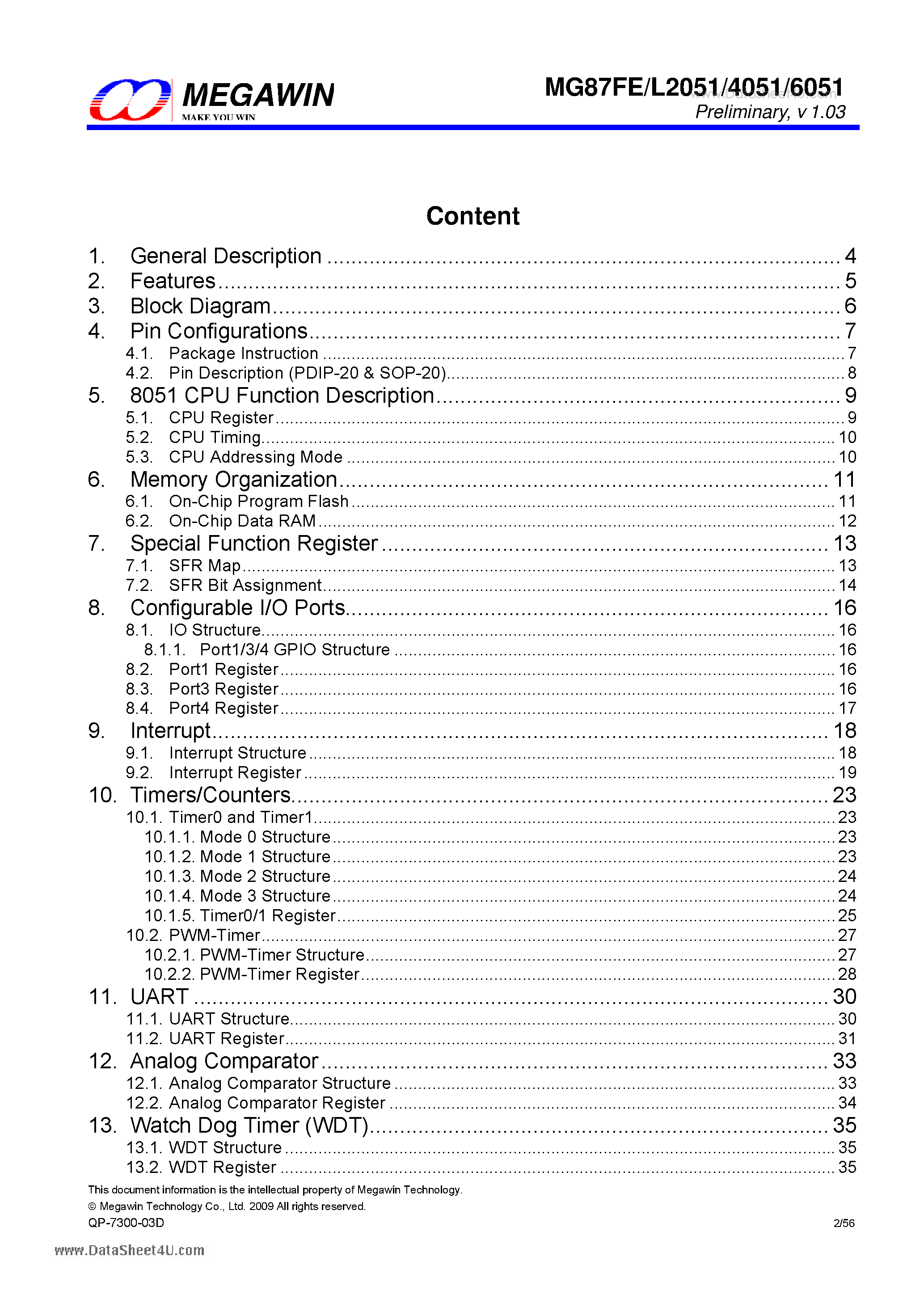Datasheet MG87FE2051 page 2 Datasheet MG87FE2051 - (MG87FExx51) 8-bits microcontroll page 2
