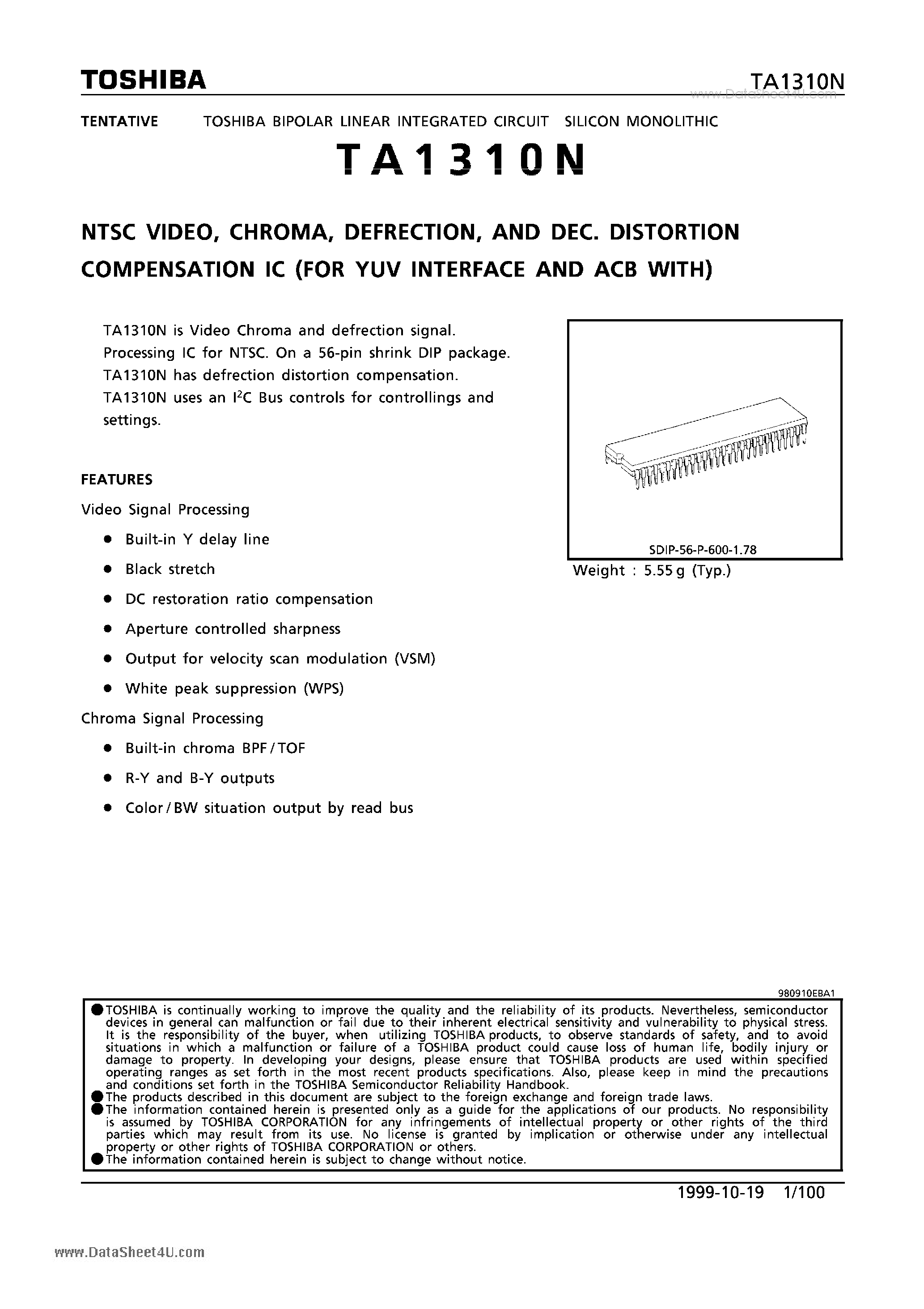 Даташит на микросхему TA1310N страница 1 Даташит TA1310N - DISTORTION COMPENSATION IC страница 1