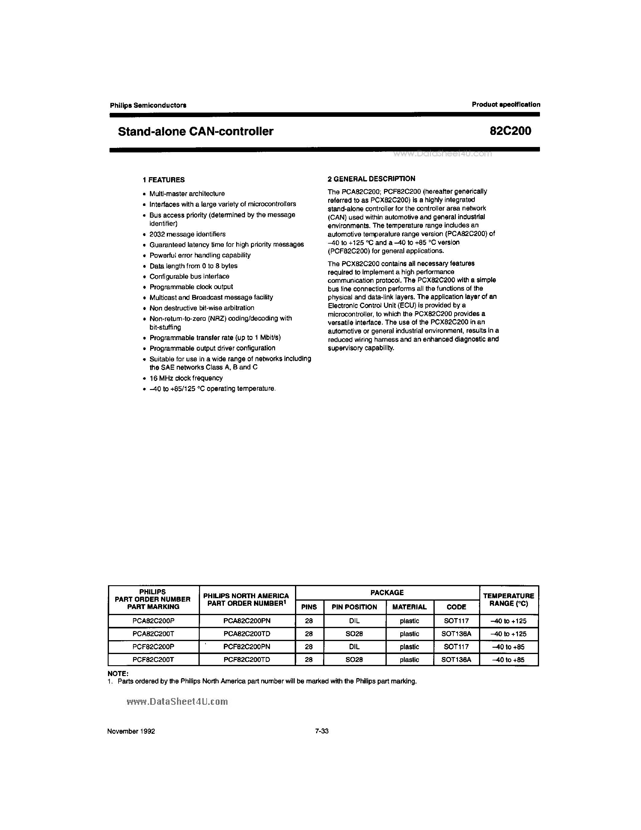 Datasheet 82C200 - Stand alone CAN Controller page 1