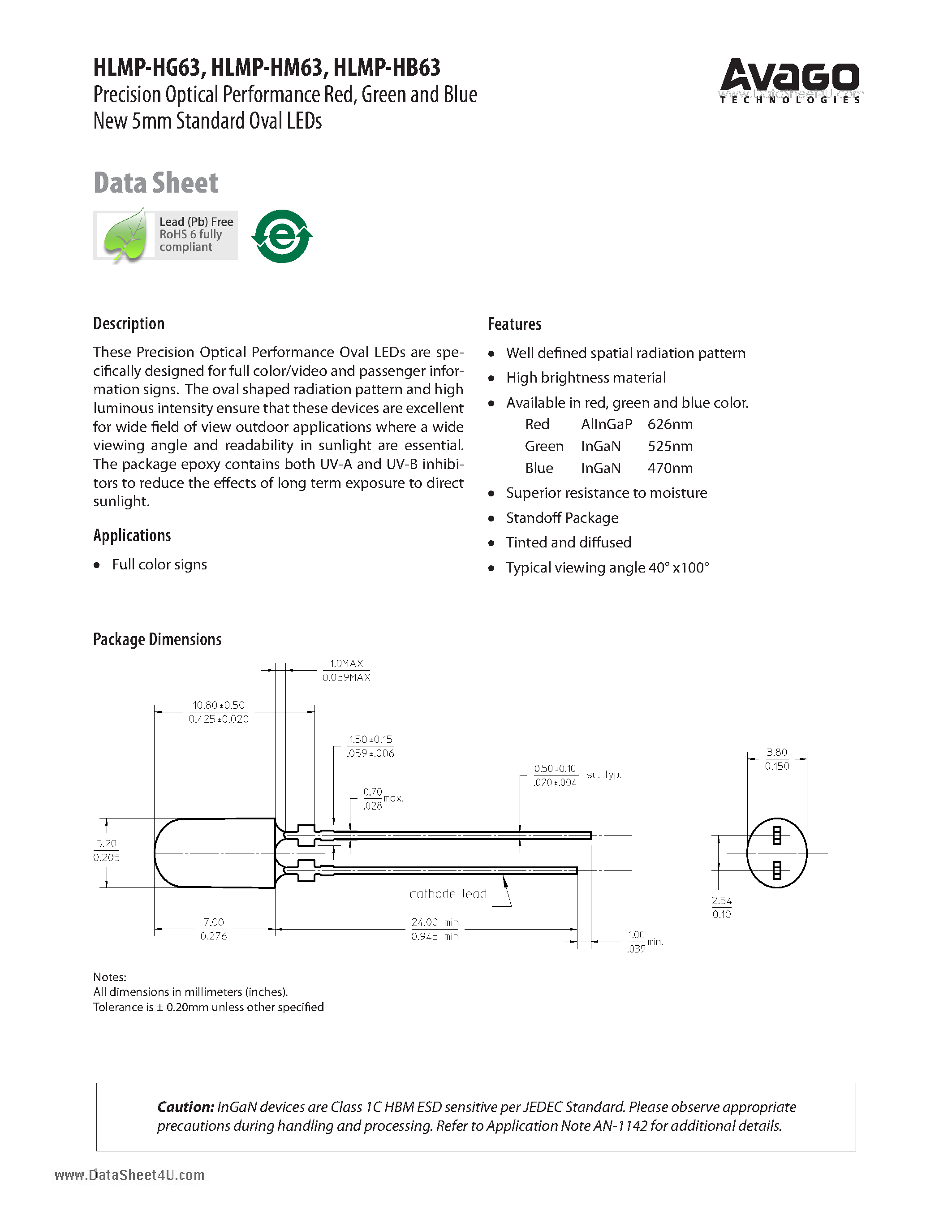 Datasheet HLMP-HB63 - New 5mm Standard Oval LEDs page 1