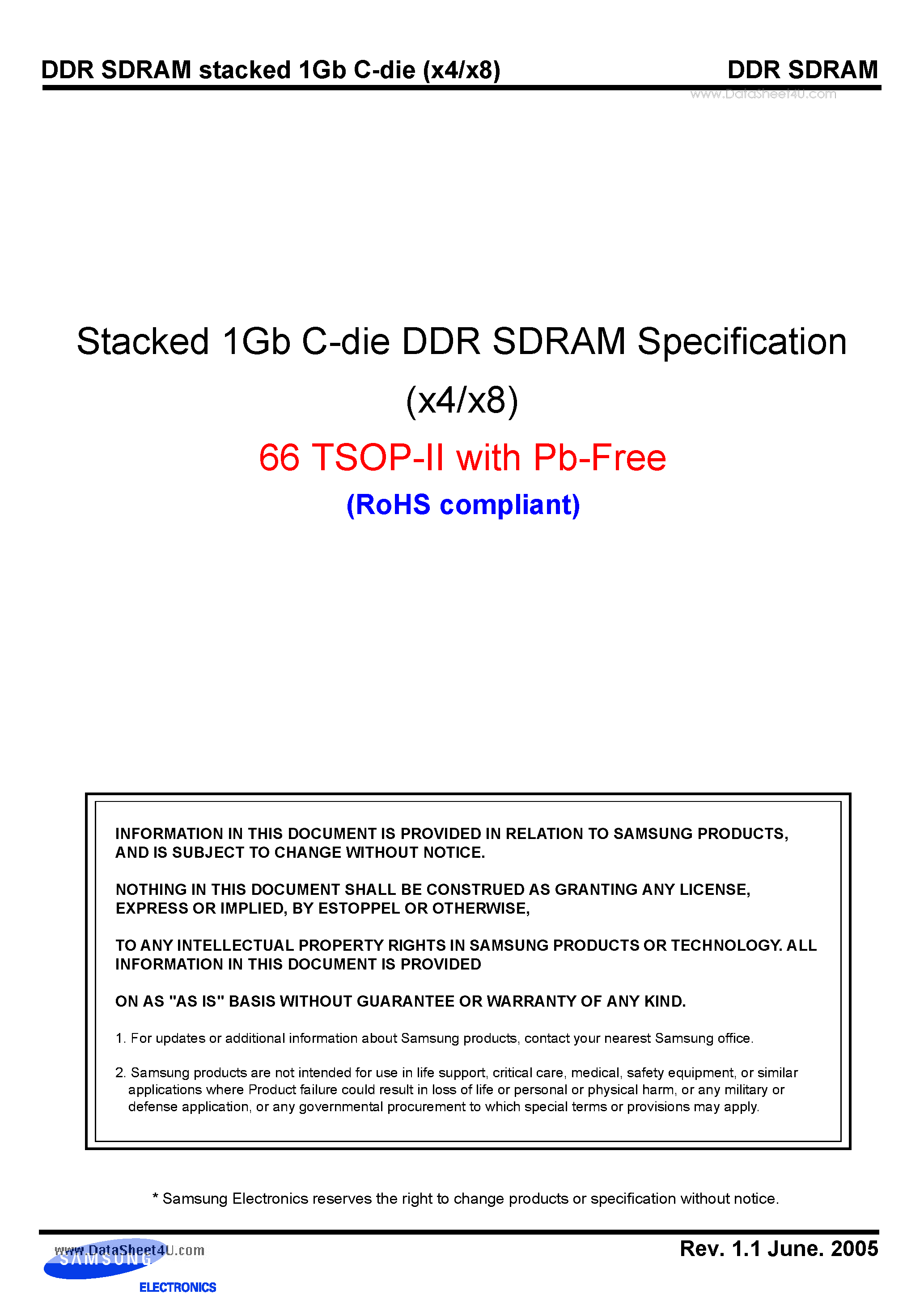 Datasheet K4H1G0638C-UC/LA2 page 1 Datasheet K4H1G0638C-UC/LA2 - Stacked 1Gb C-die DDR SDRAM Specification page 1