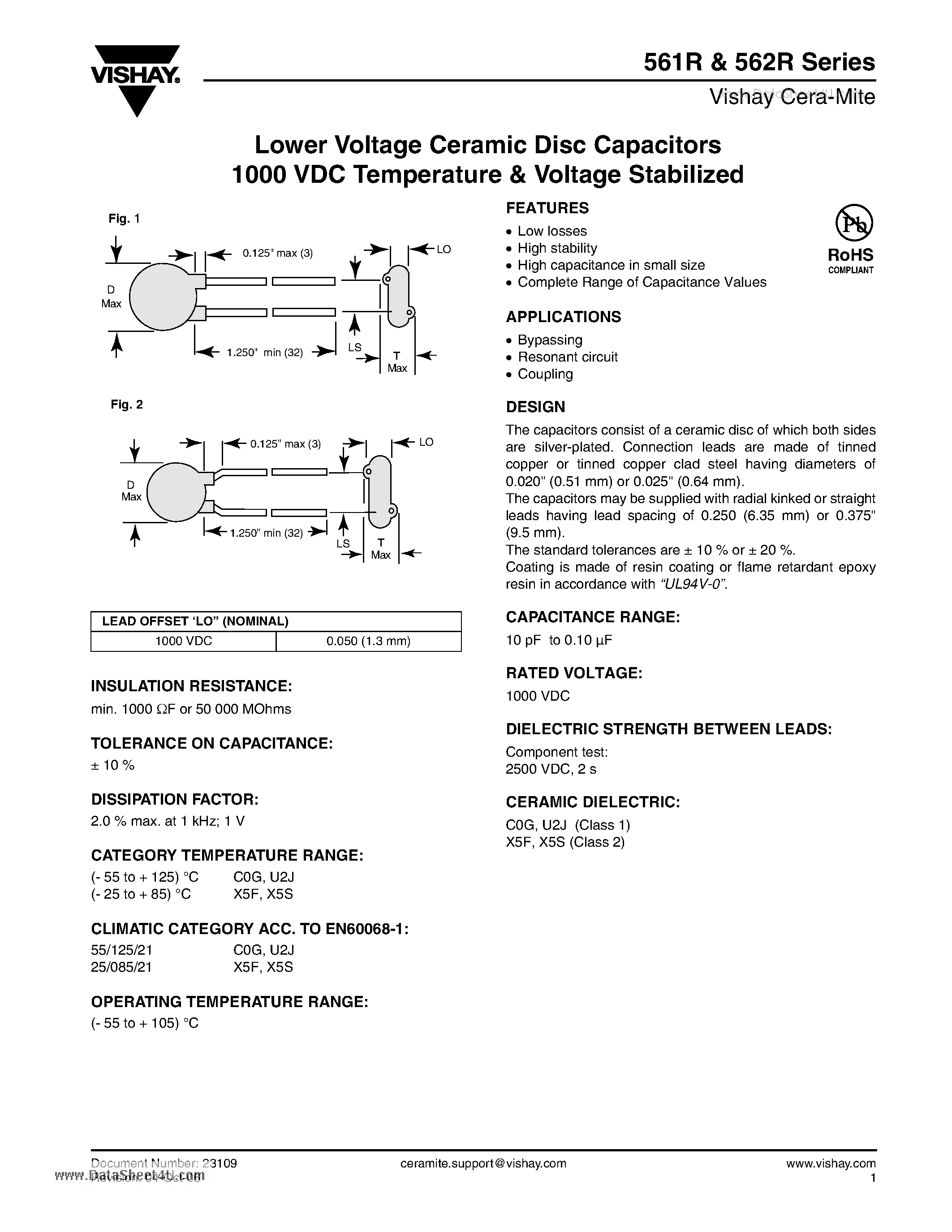 Datasheet 561R - Lower Voltage Ceramic Disc Capacitors 1000 VDC Temperature & Voltage Stabilized page 1