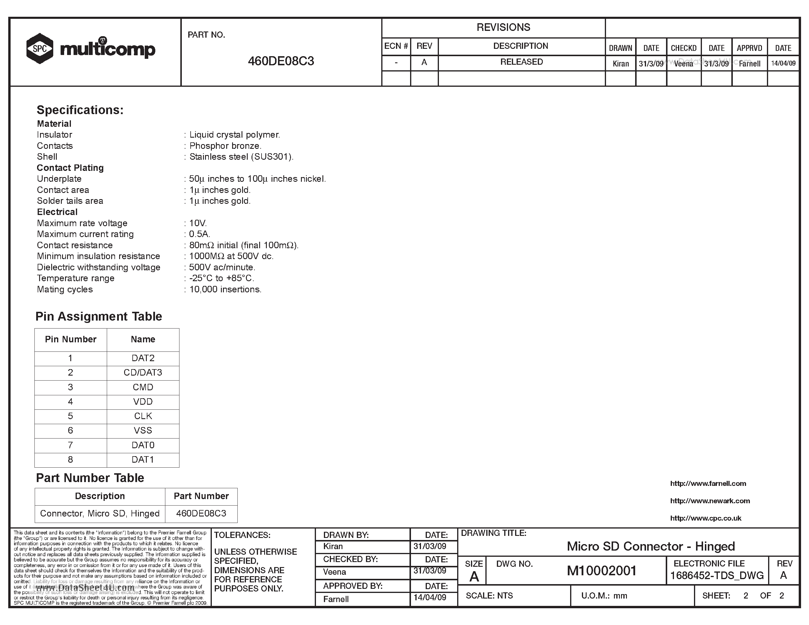 Даташит 460DE08C3 - Micro SD Connector страница 2
