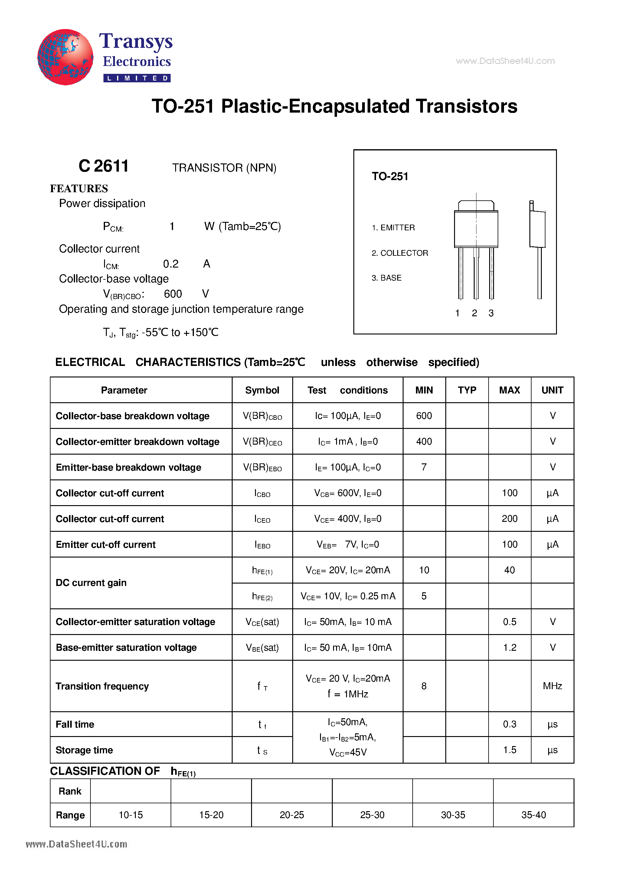 Даташит C2611 - Plastic-Encapsulated Transistors страница 1