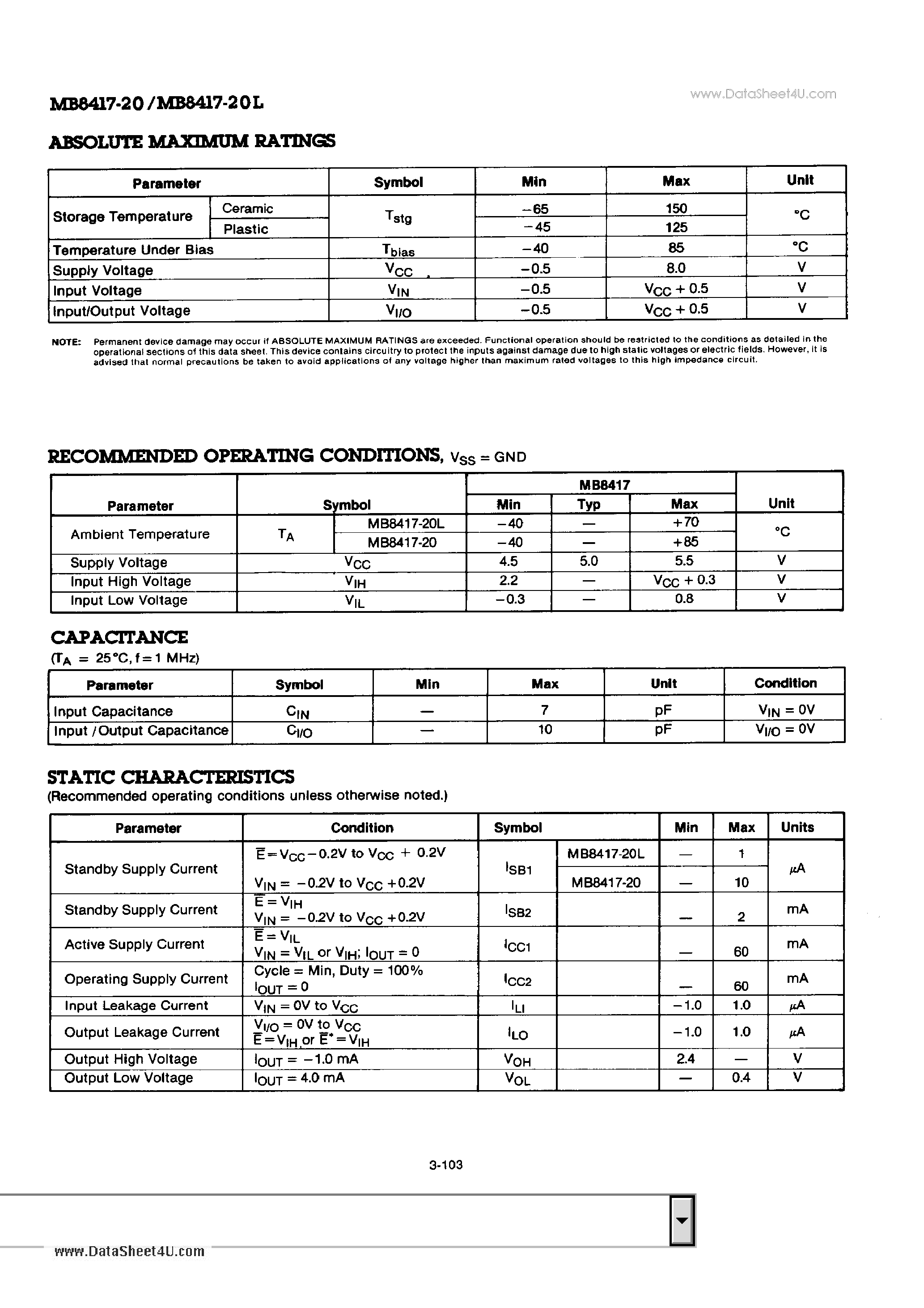 Даташит на микросхему MB8417-20 страница 2 Даташит MB8417-20 - CMOS 16384-Bit Static RAM страница 2