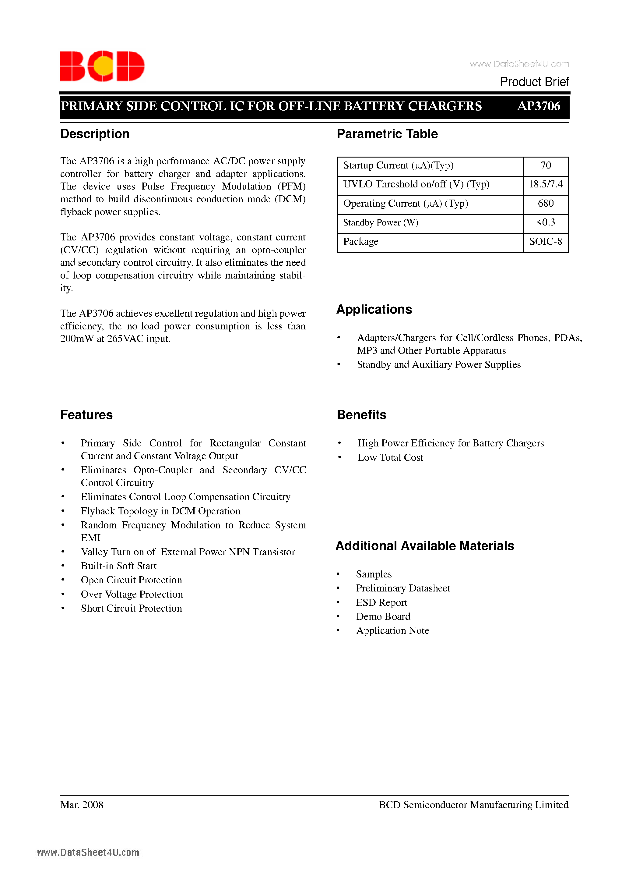 Даташит на микросхему AP3706 страница 1 Даташит AP3706 - PRIMARY SIDE CONTROL IC FOR OFF-LINE BATTERY CHARGERS страница 1