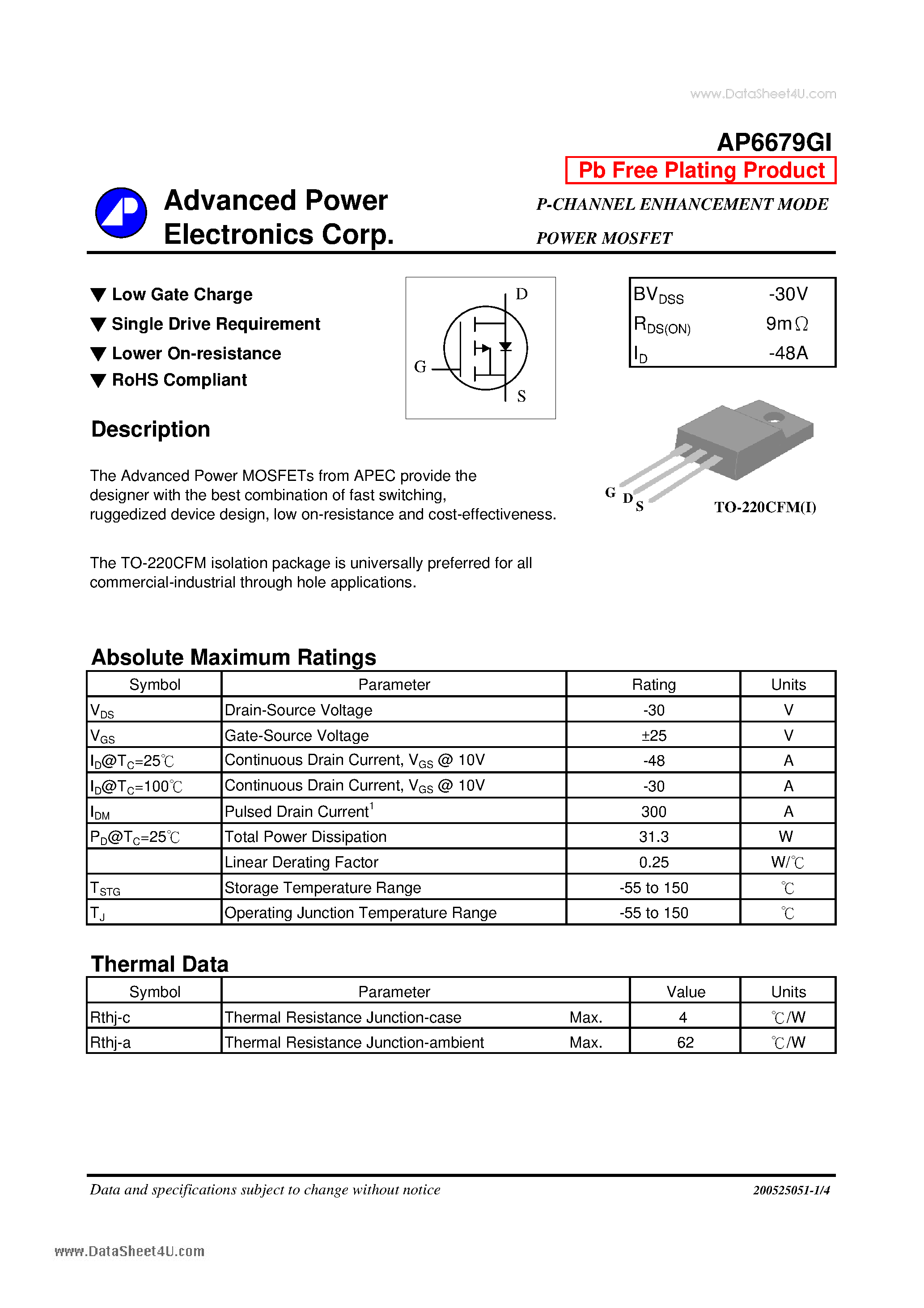 Даташит AP6679GI - P-CHANNEL ENHANCEMENT MODE POWER MOSFET страница 1