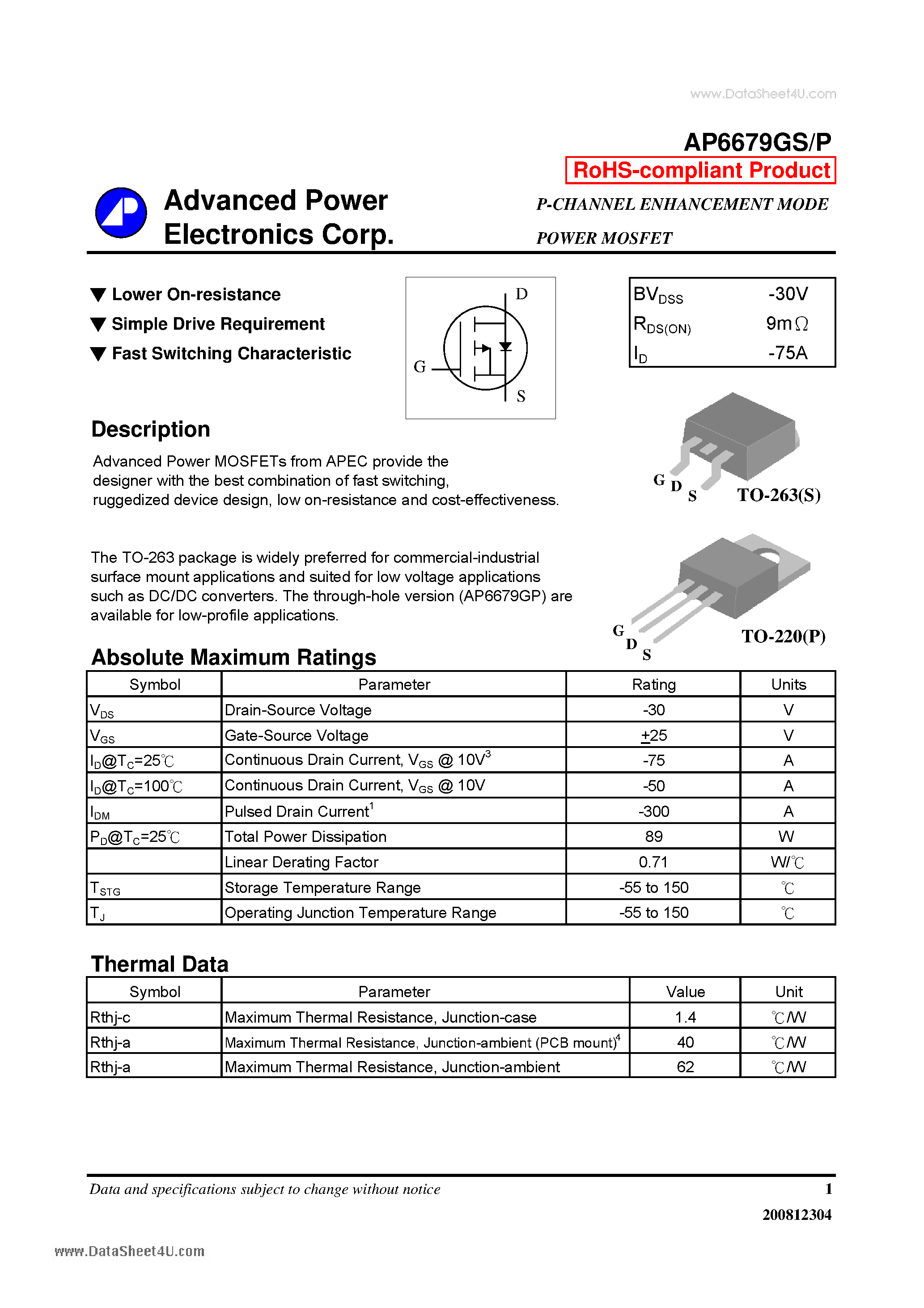 Даташит AP6679GP - P-CHANNEL ENHANCEMENT MODE POWER MOSFET страница 1