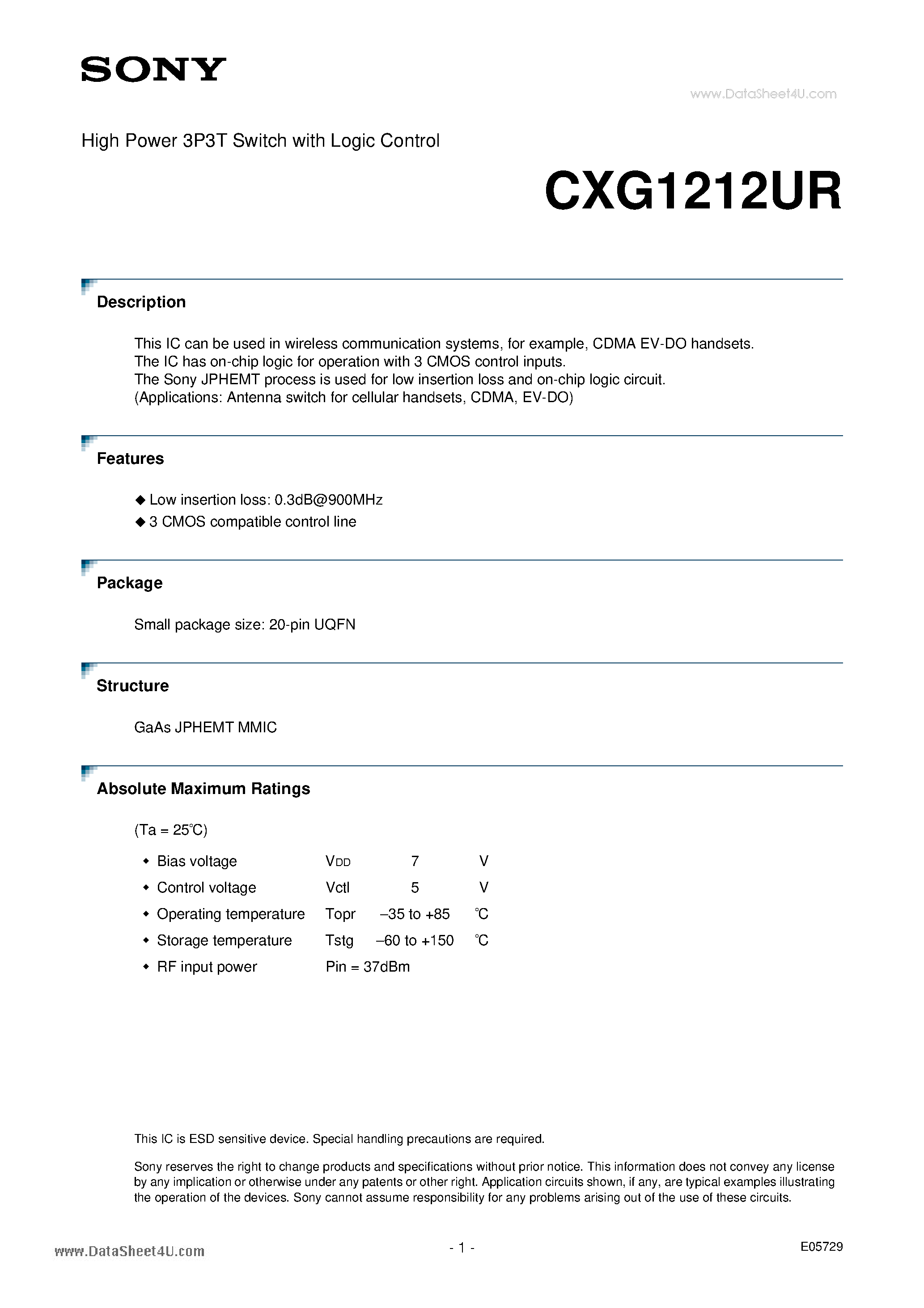 Даташит на микросхему CXG1212UR страница 1 Даташит CXG1212UR - High Power 3P3T Switch страница 1