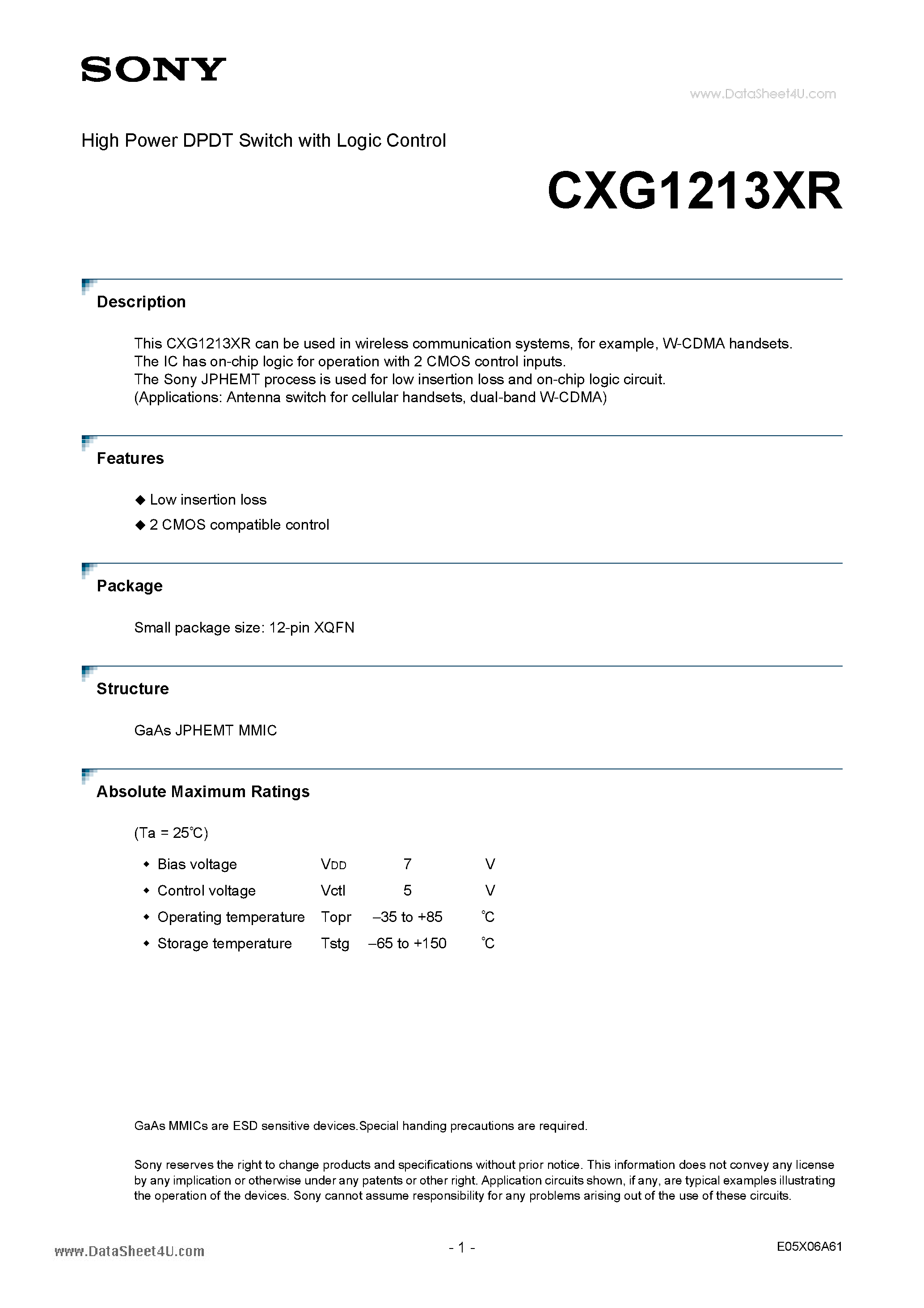 Даташит на микросхему CXG1213XR страница 1 Даташит CXG1213XR - High Power DPDT Switch страница 1